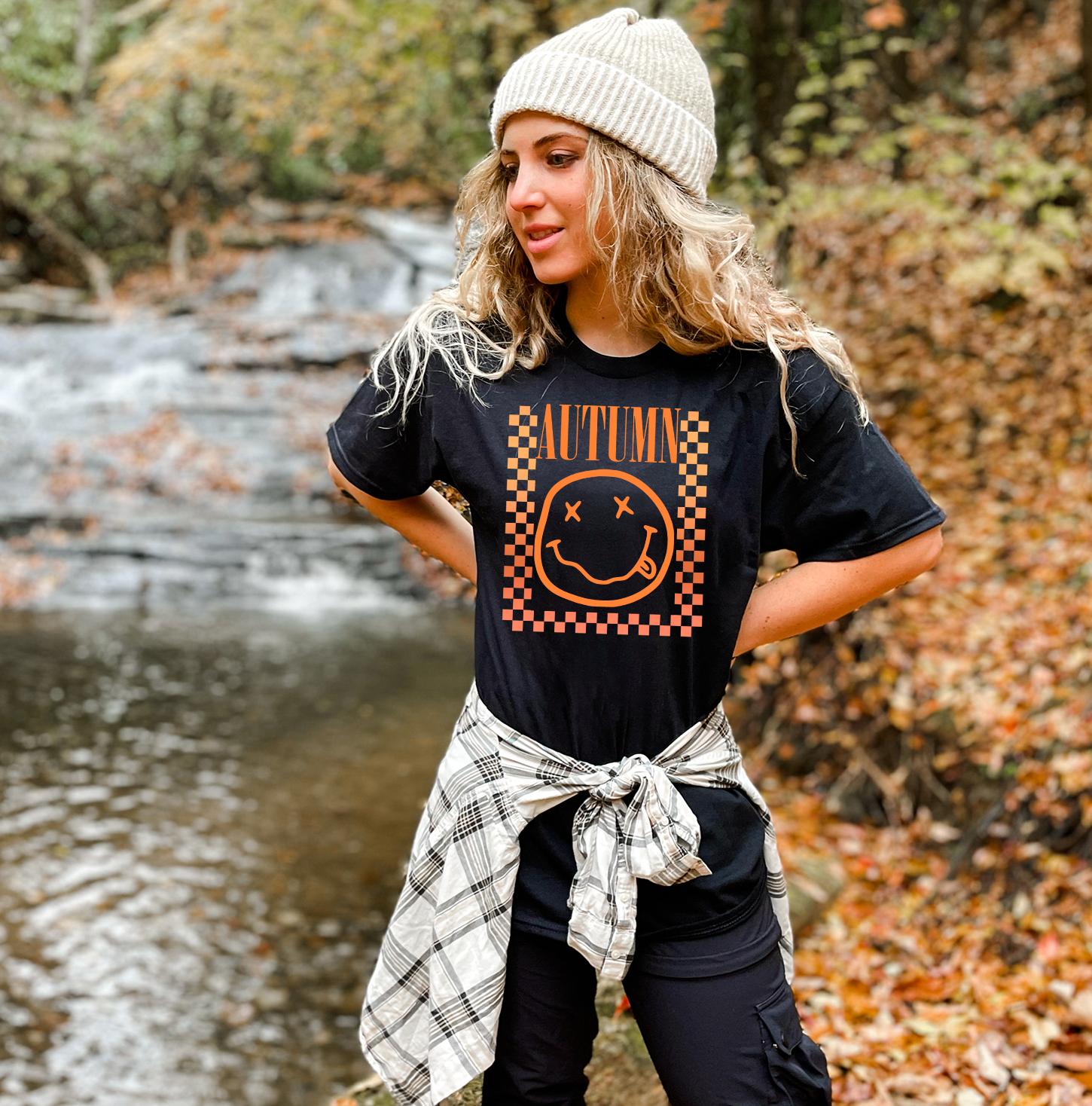 Checkered Autumn Unisex T-shirt featuring a vibrant checkered pattern, perfect for fall fashion.