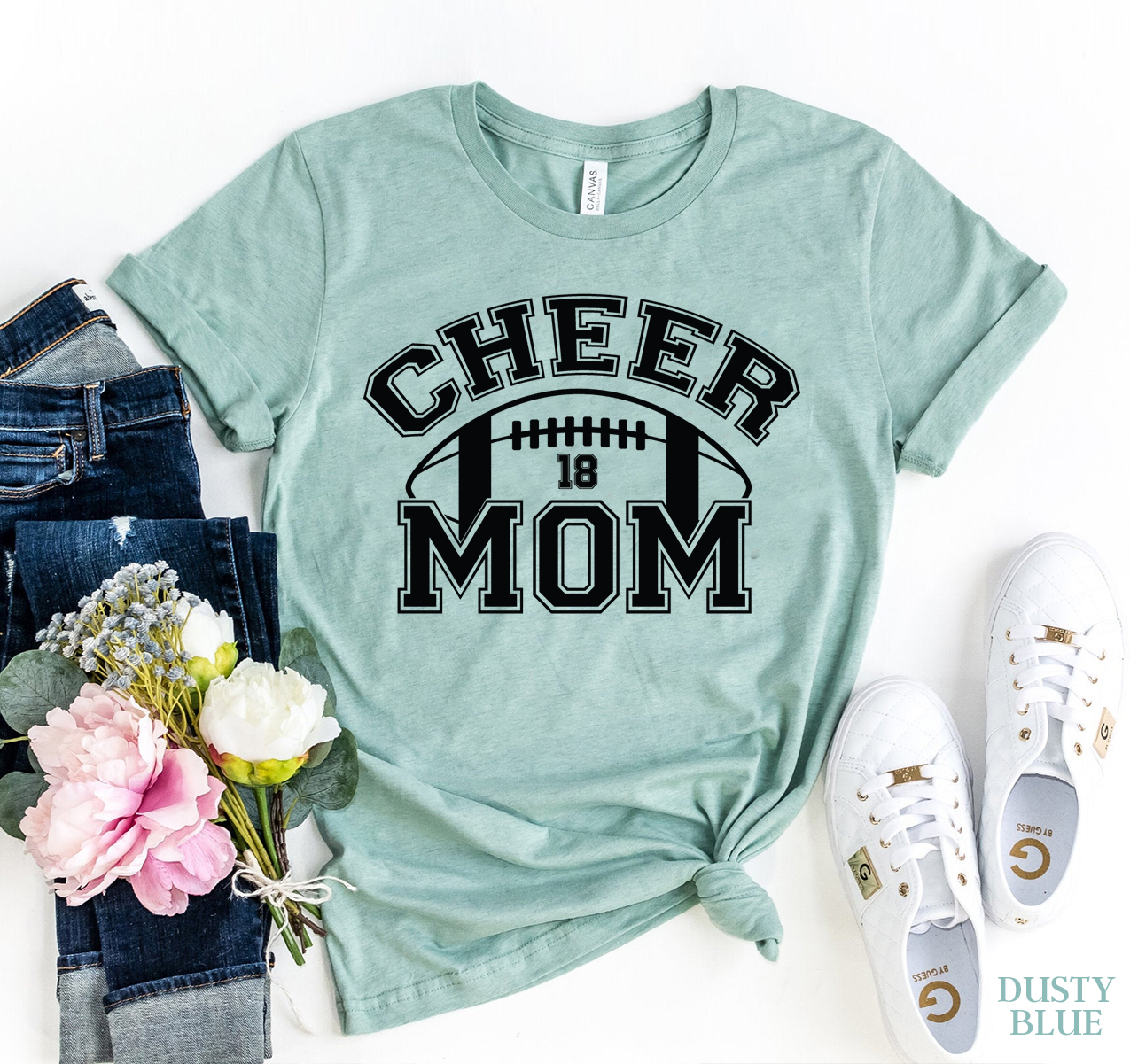 Cheer Mom T-shirt made of premium ring spun cotton, featuring a stylish flex print design, available in various sizes.