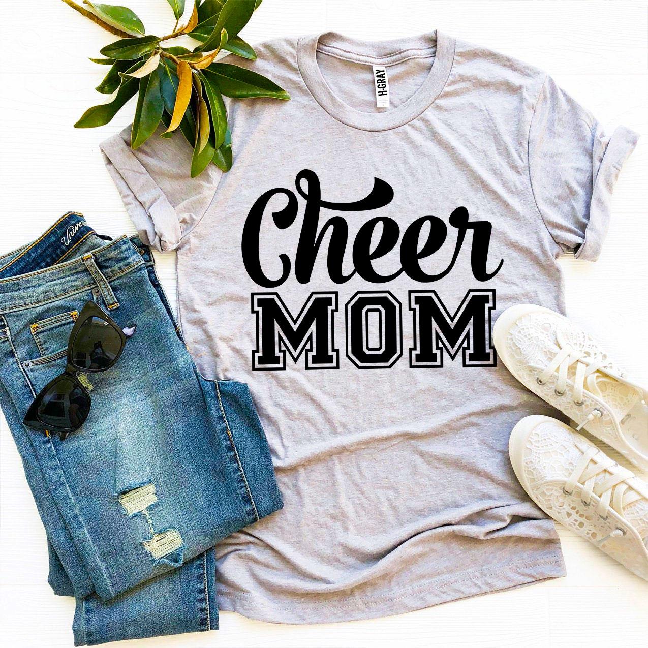 Cheer Mom T-shirt made of premium ring spun cotton, featuring a vibrant flex print design, available in various sizes.