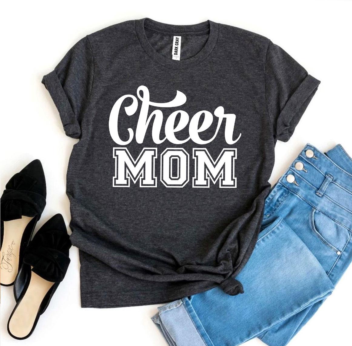 Cheer Mom T-shirt made of premium ring spun cotton, featuring a vibrant flex print design, available in various sizes.