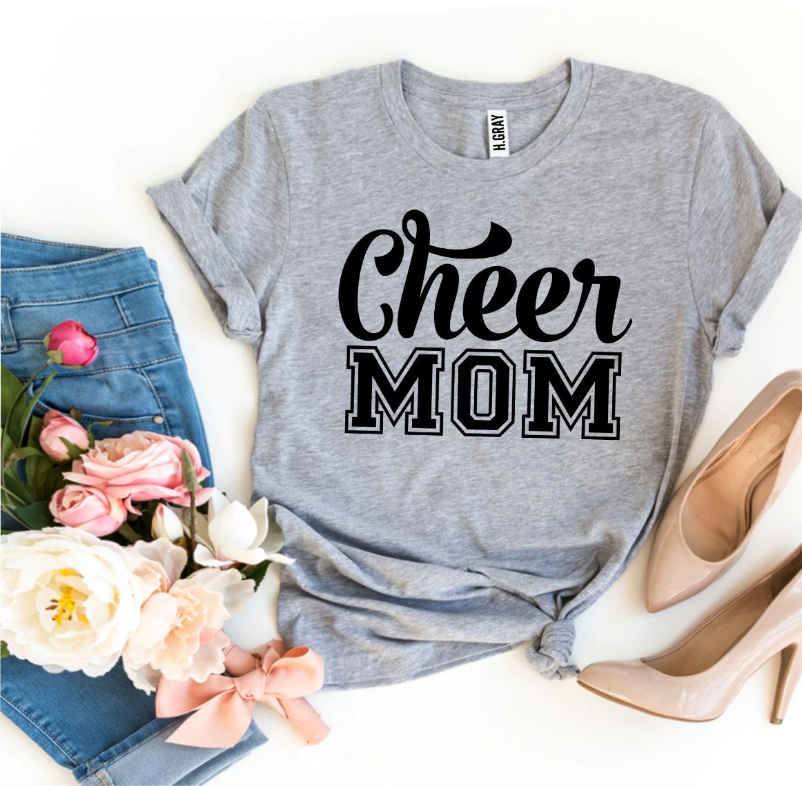 Cheer Mom T-shirt made of premium ring spun cotton, featuring a vibrant flex print design, available in various sizes.