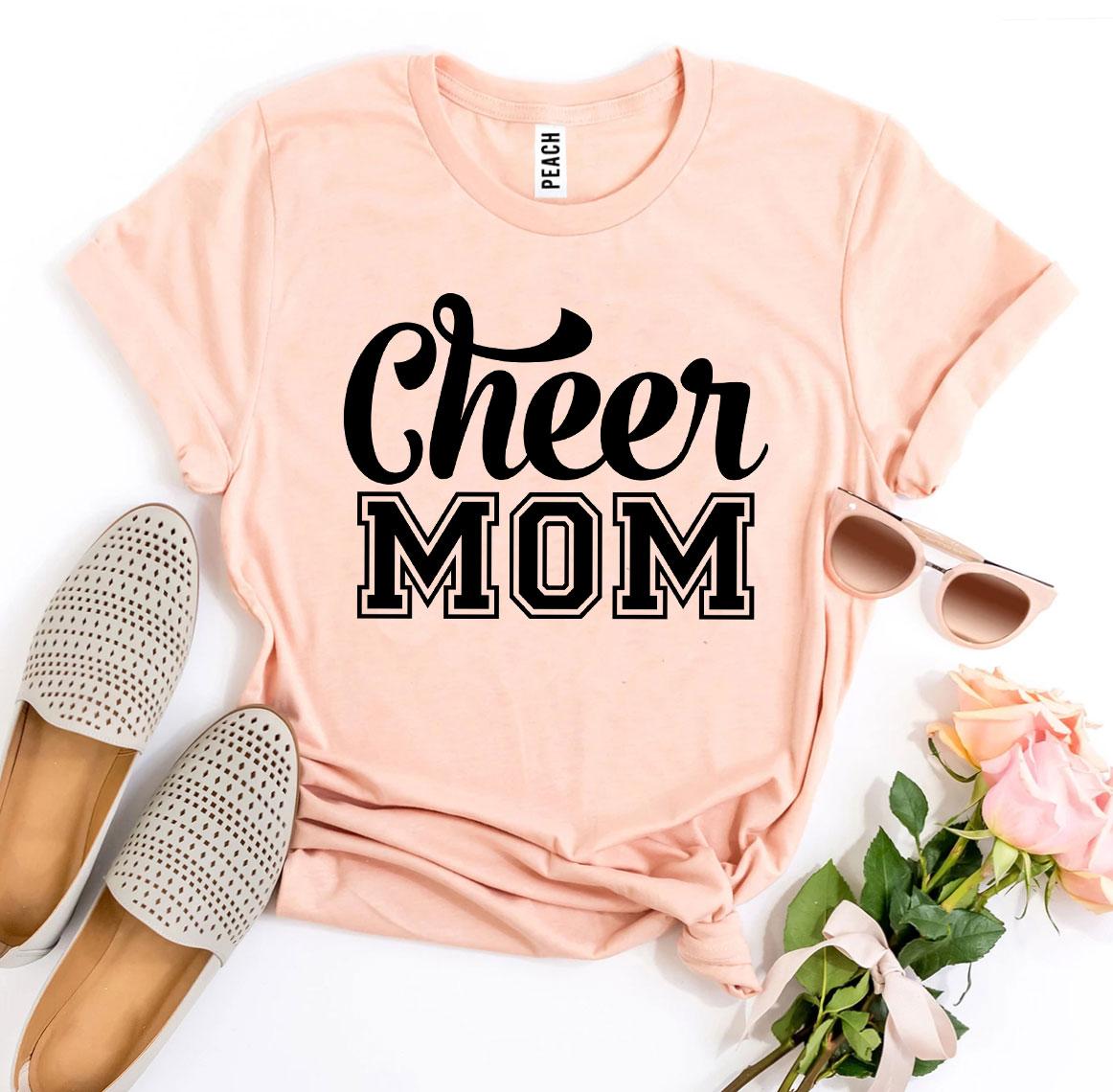 Cheer Mom T-shirt made of premium ring spun cotton, featuring a vibrant flex print design, available in various sizes.