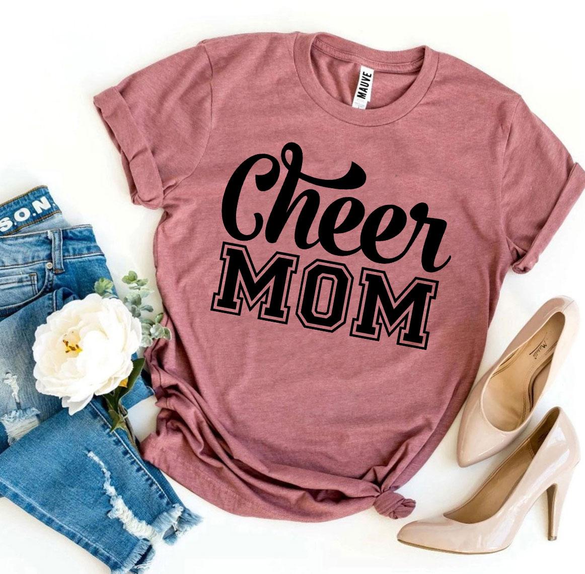 Cheer Mom T-shirt made of premium ring spun cotton, featuring a vibrant flex print design, available in various sizes.