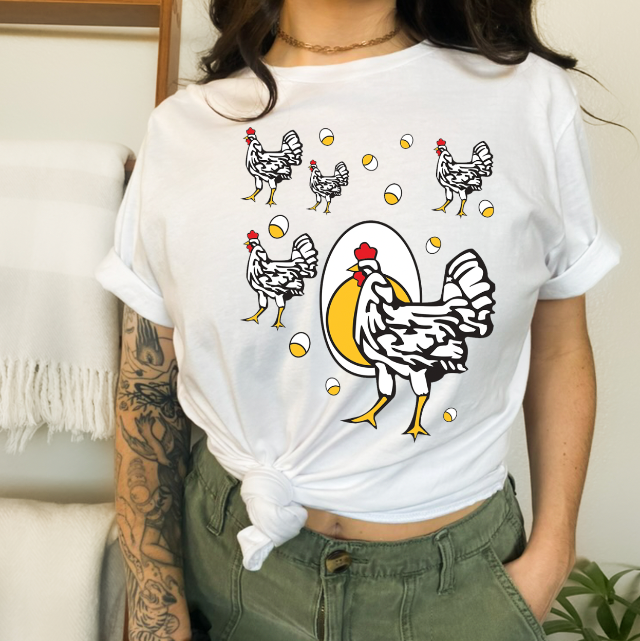 A vibrant unisex Chicken Shirt T-shirt featuring a colorful graphic design, perfect for casual wear.