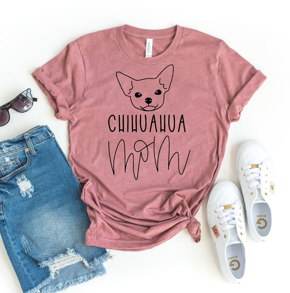 Chihuahua Mom T-shirt made of premium ring spun cotton, featuring a vibrant flex print design, available in various sizes.