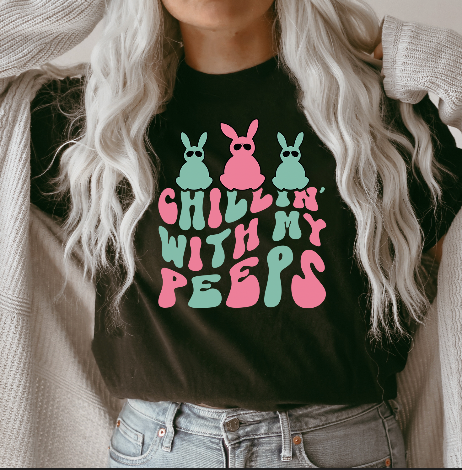 Chillin With My Peeps Unisex T-shirt featuring vibrant DTG printed design, showcasing a fun and casual style.