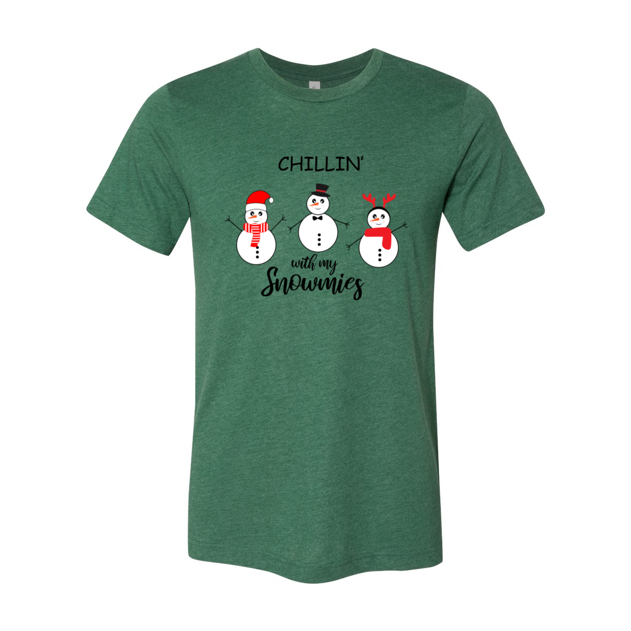 Chillin With My Snowmies Shirt featuring playful snowman design, crafted from soft ring spun cotton, available in multiple colors.