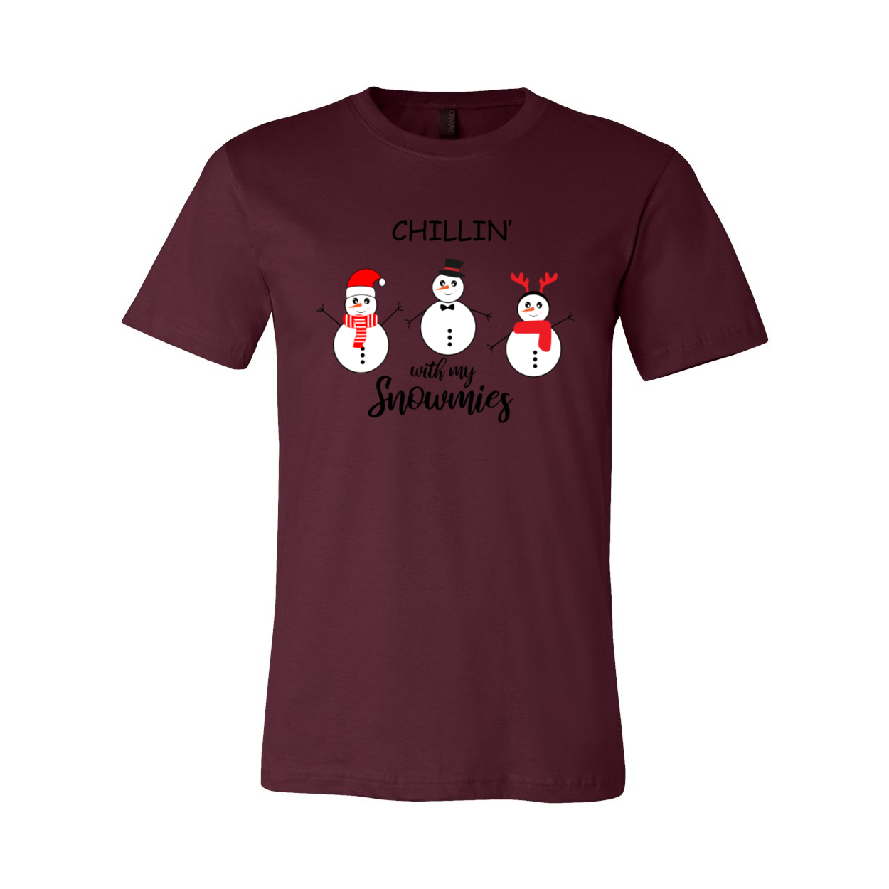 Chillin With My Snowmies Shirt featuring playful snowman design, crafted from soft ring spun cotton, available in multiple colors.