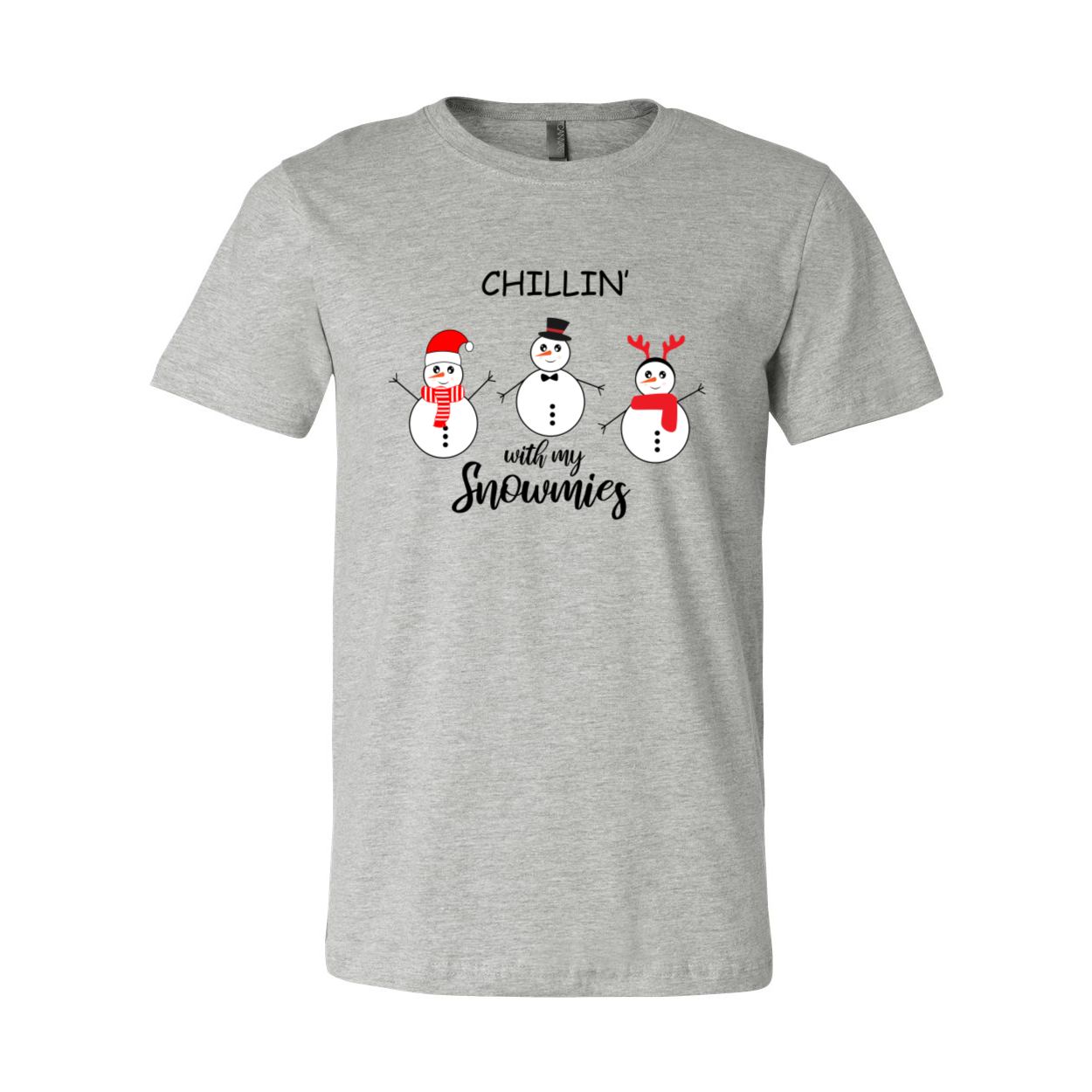 Chillin With My Snowmies Shirt featuring playful snowman design, crafted from soft ring spun cotton, available in multiple colors.