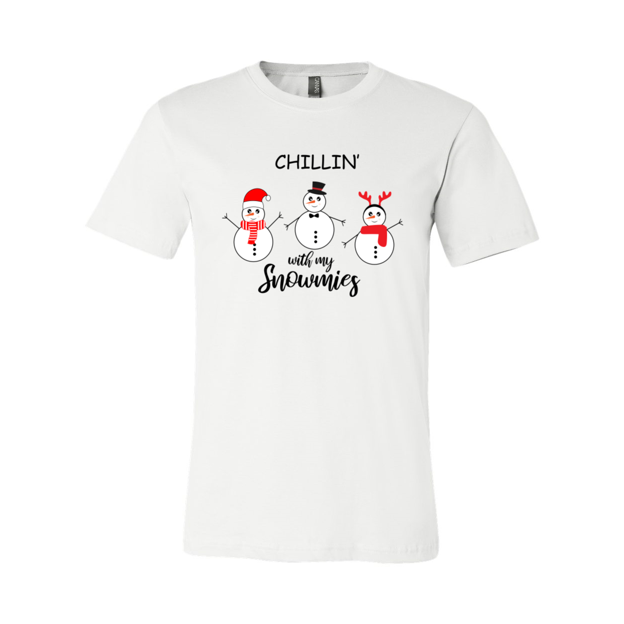 Chillin With My Snowmies Shirt featuring playful snowman design, crafted from soft ring spun cotton, available in multiple colors.