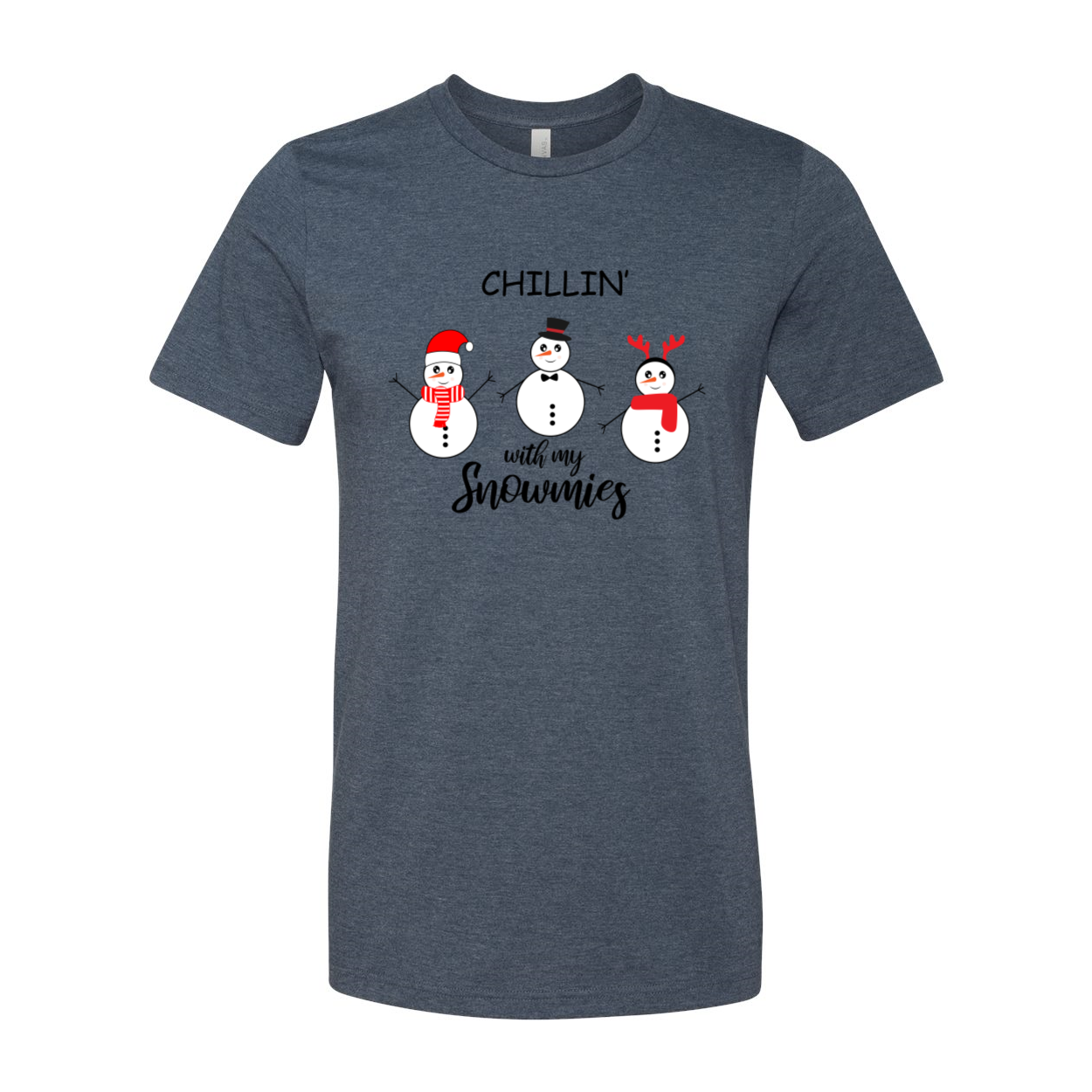 Chillin With My Snowmies Shirt featuring playful snowman design, crafted from soft ring spun cotton, available in multiple colors.