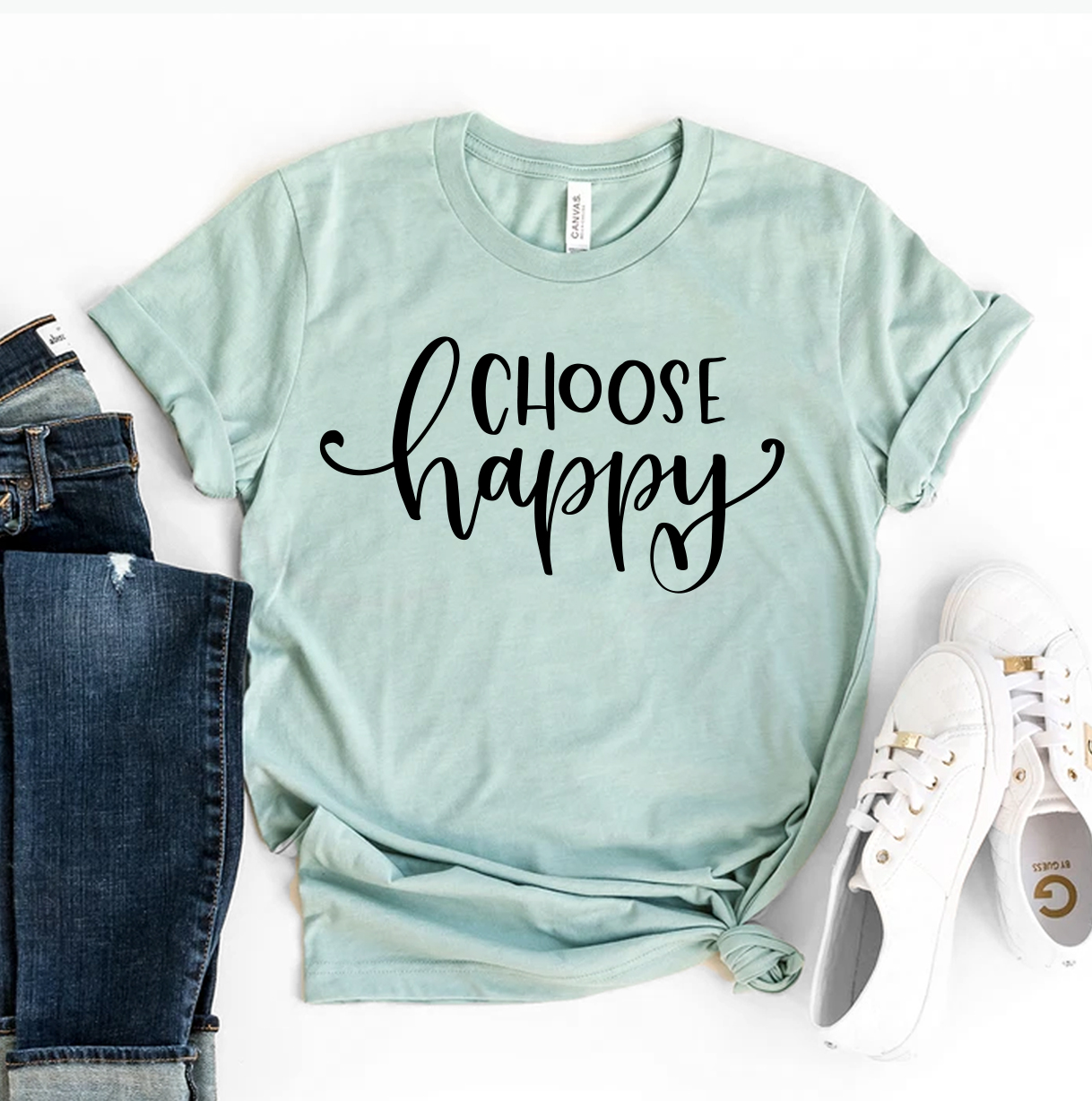 Choose Happy T-shirt made from premium ring spun cotton, featuring a vibrant flex print design.