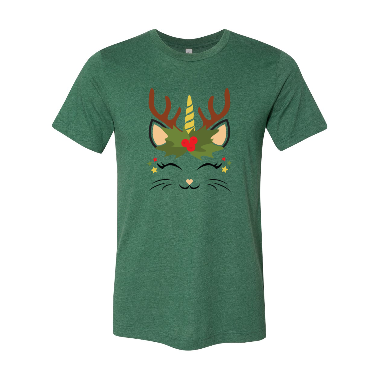 A festive Christmas Caticon Shirt featuring a playful cat design, made from soft ring spun cotton, available in multiple colors and sizes.