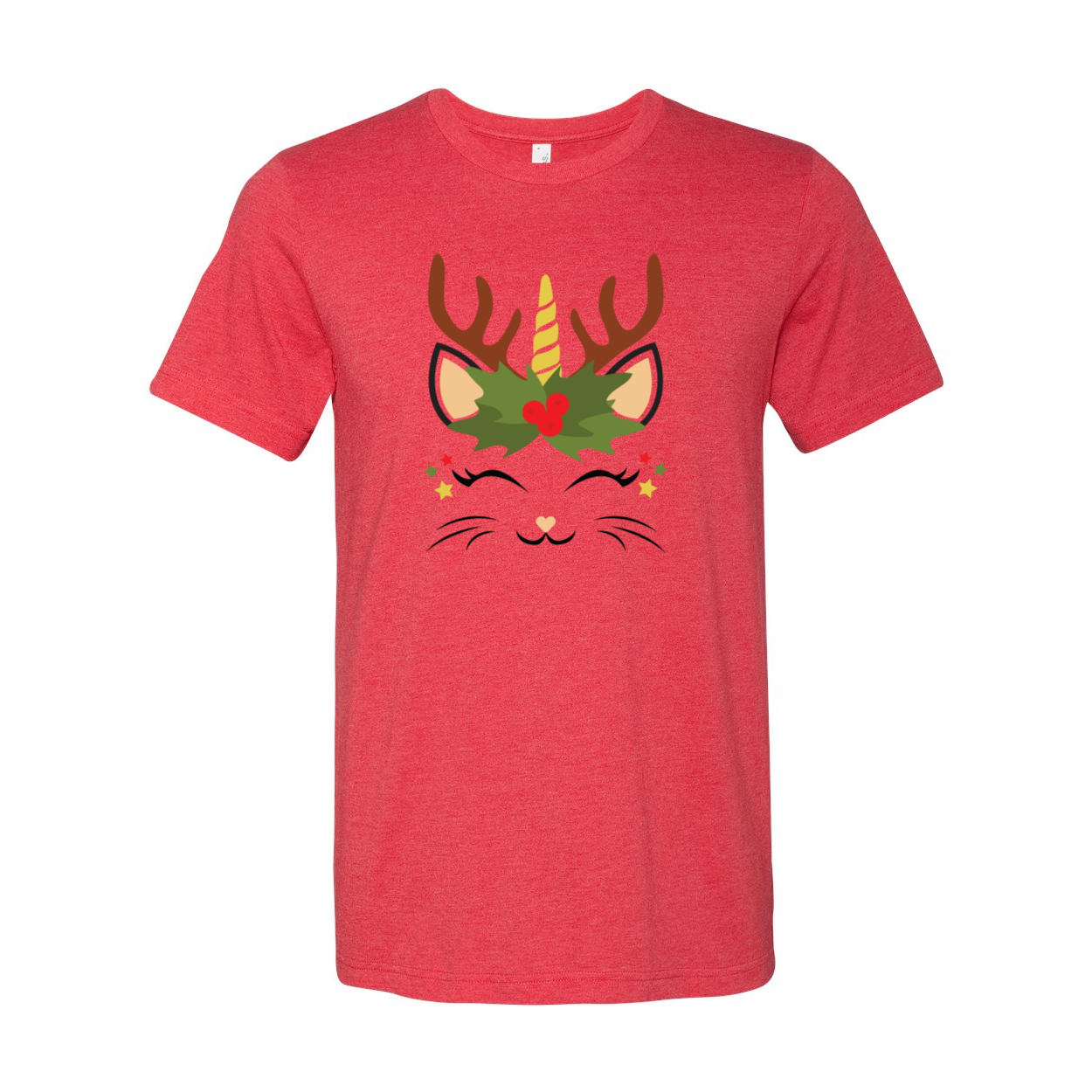 A festive Christmas Caticon Shirt featuring a playful cat design, made from soft ring spun cotton, available in multiple colors and sizes.