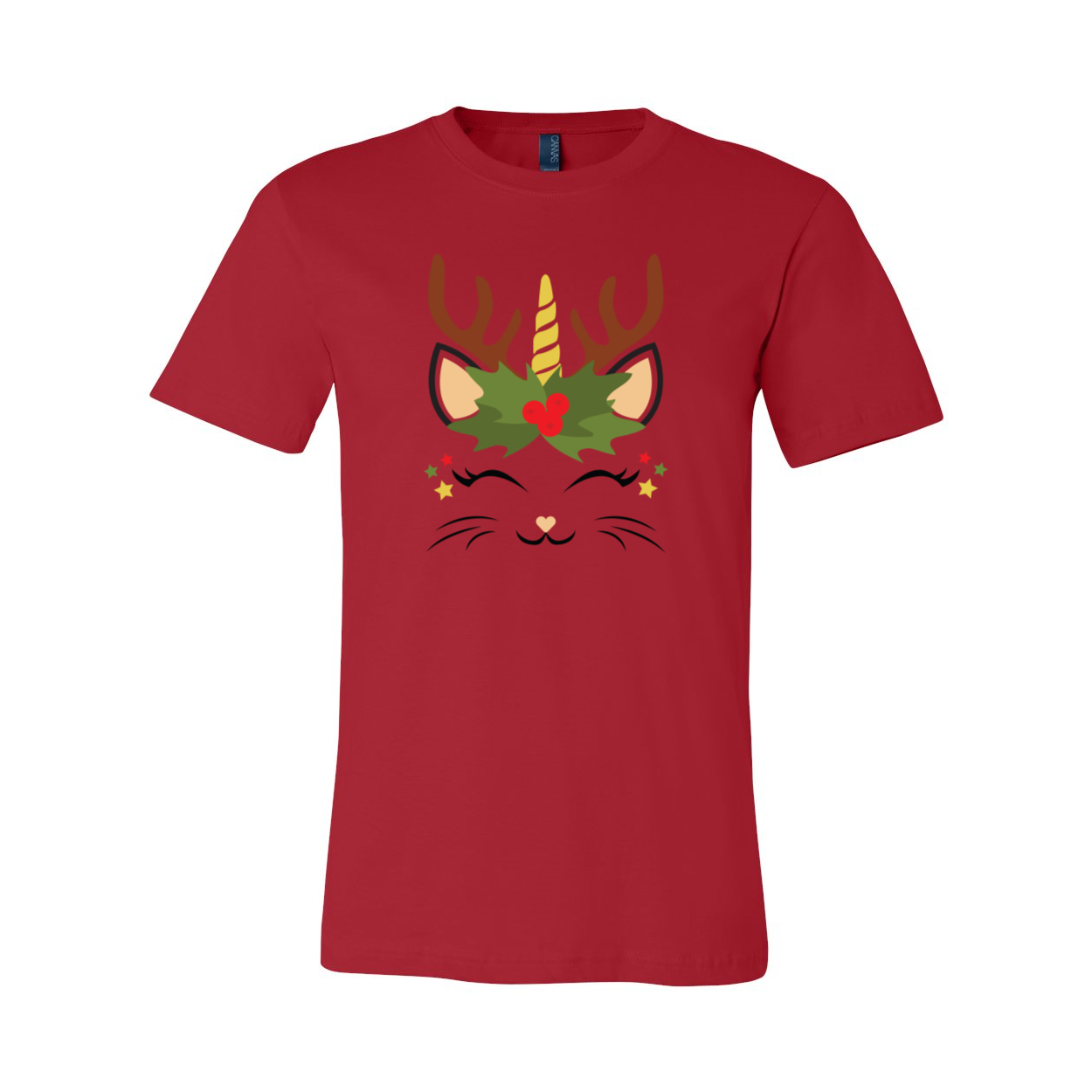 A festive Christmas Caticon Shirt featuring a playful cat design, made from soft ring spun cotton, available in multiple colors and sizes.