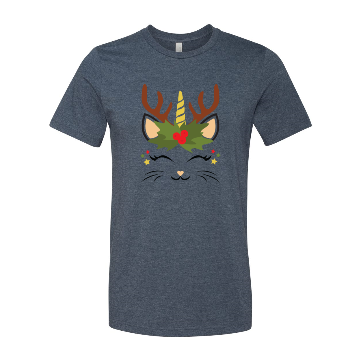 A festive Christmas Caticon Shirt featuring a playful cat design, made from soft ring spun cotton, available in multiple colors and sizes.