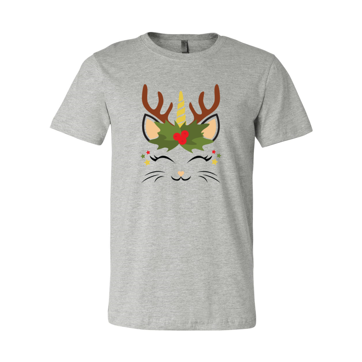 A festive Christmas Caticon Shirt featuring a playful cat design, made from soft ring spun cotton, available in multiple colors and sizes.