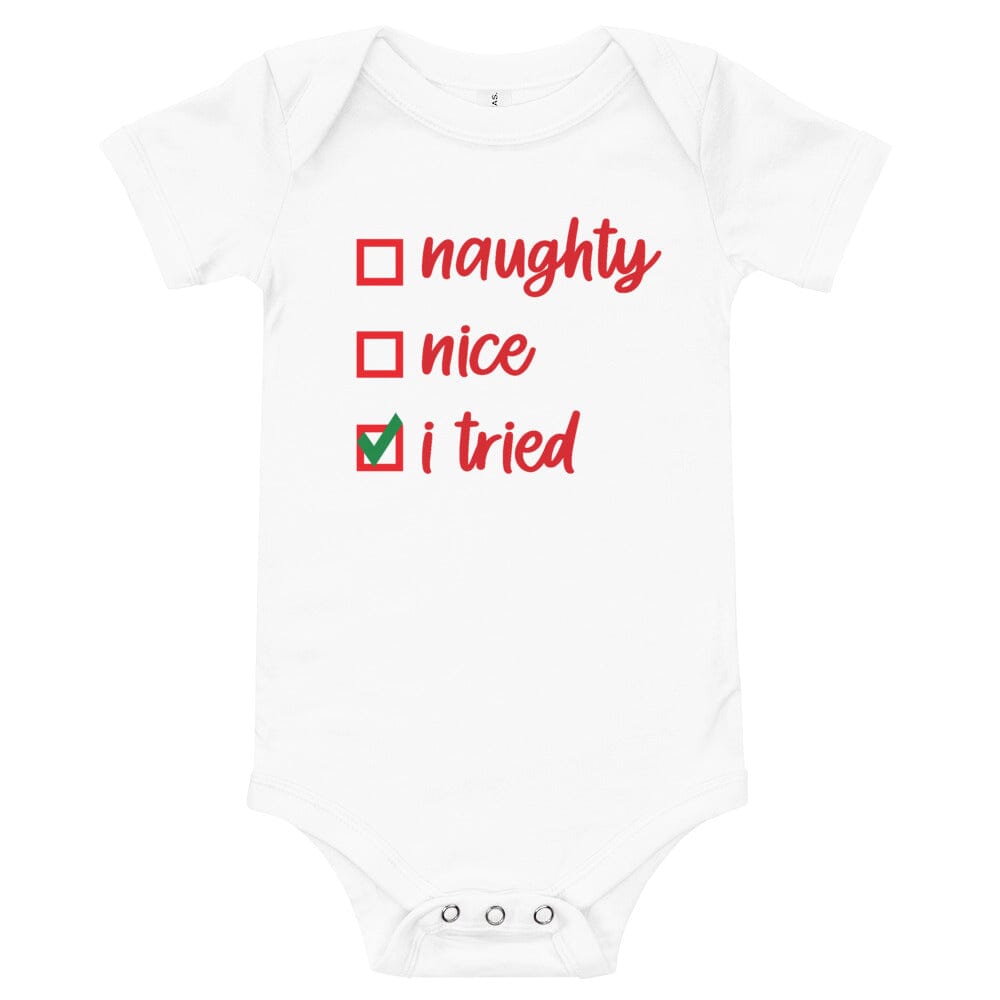 A cute Christmas I Tried Baby Onesie in festive colors, featuring a comfortable fit and amusing design, perfect for holiday celebrations.