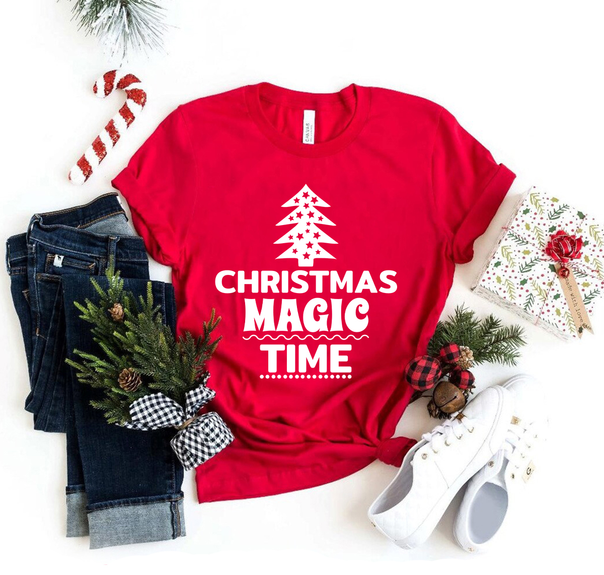 A festive unisex Christmas Magic Time Shirt in vibrant colors, showcasing its soft fabric and classic crew neck design.