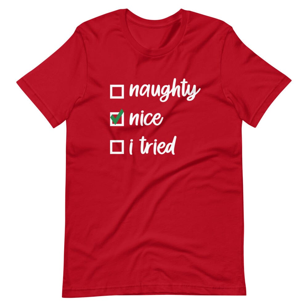 A festive Christmas Nice Checklist Tee featuring a humorous design, made from soft Ringspun Cotton, perfect for holiday celebrations.