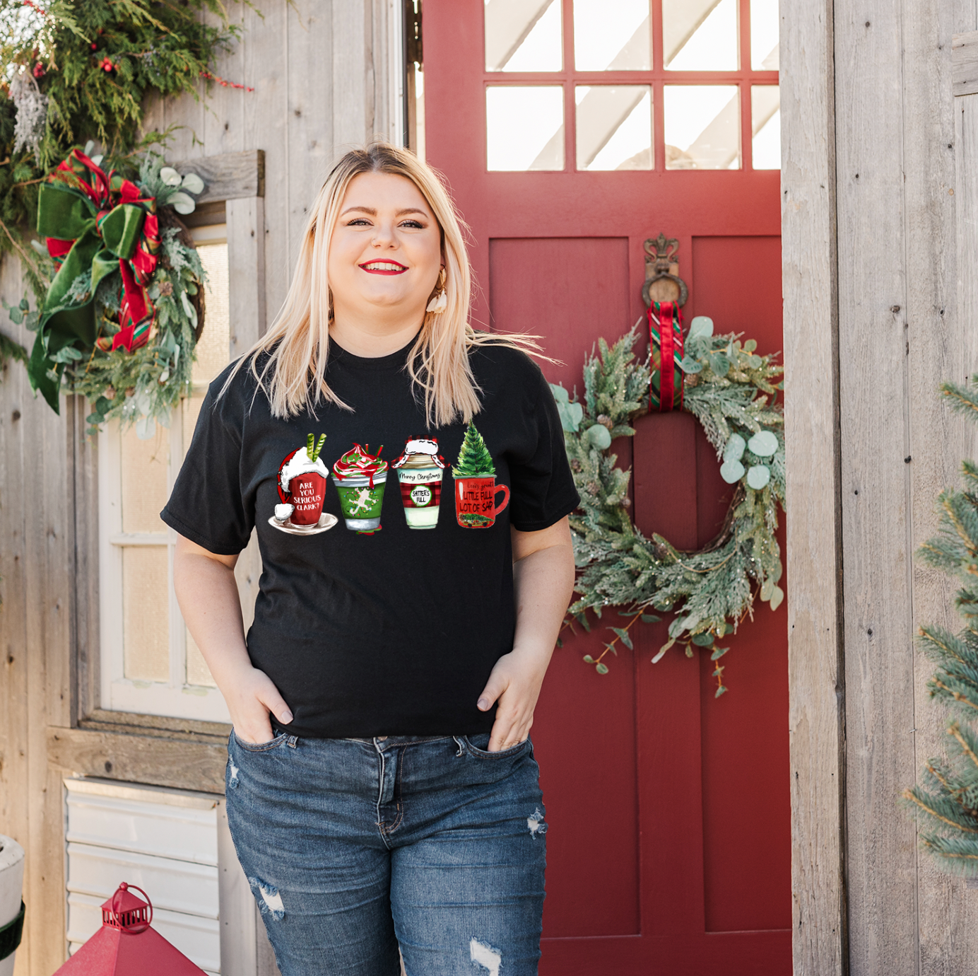 A festive unisex T-shirt featuring a vibrant coffee mugs design, perfect for Christmas celebrations.