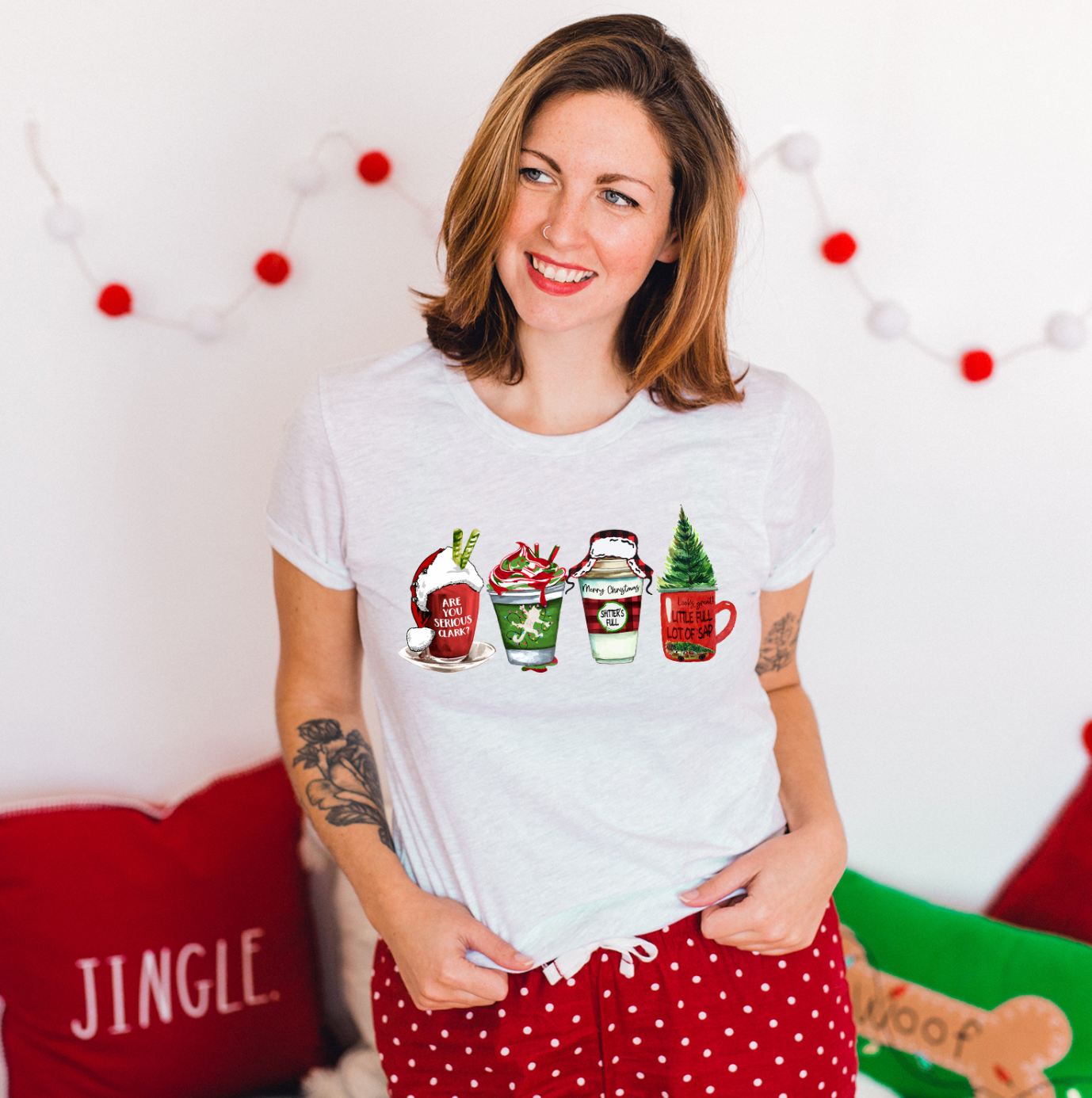 A festive unisex T-shirt featuring a vibrant coffee mugs design, perfect for Christmas celebrations.