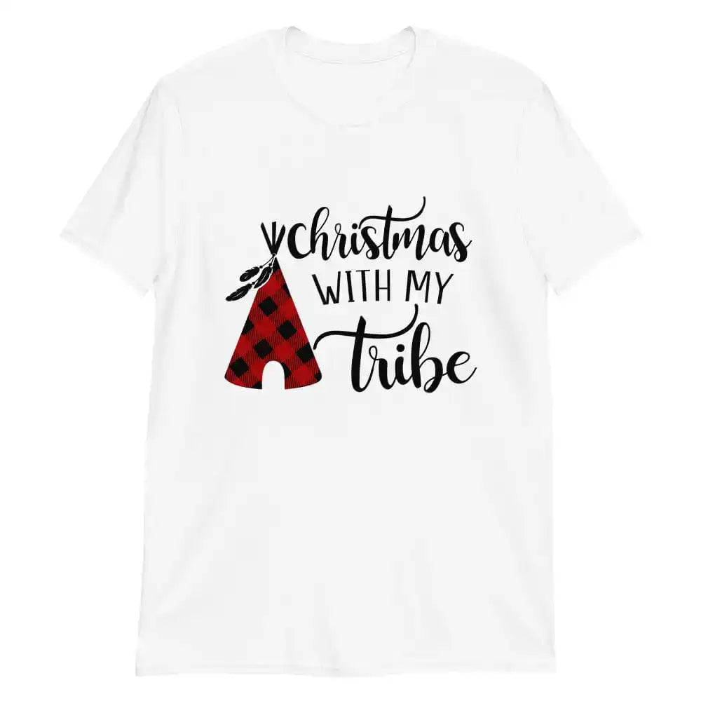 A family wearing matching Christmas With My Tribe Family Tees, showcasing festive designs and comfortable fit, perfect for holiday gatherings.