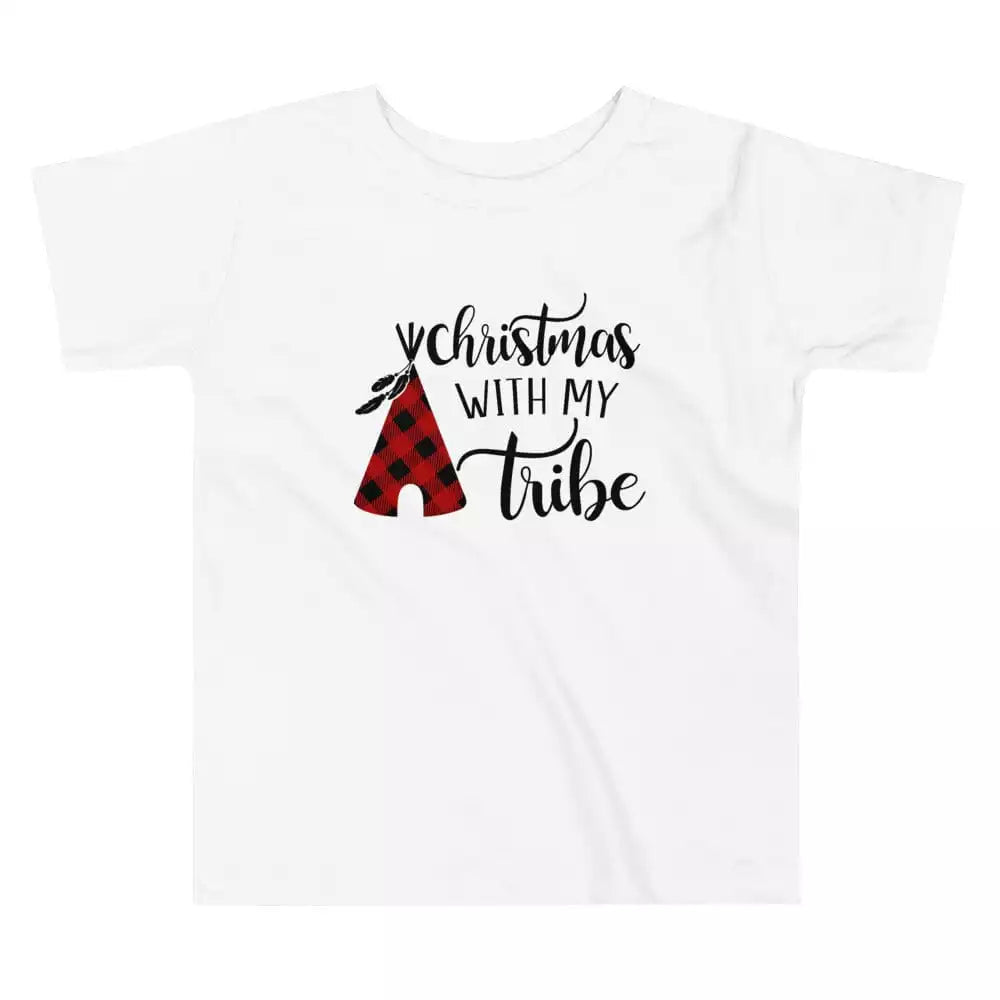 A family wearing matching Christmas With My Tribe Family Tees, showcasing festive designs and comfortable fit, perfect for holiday gatherings.