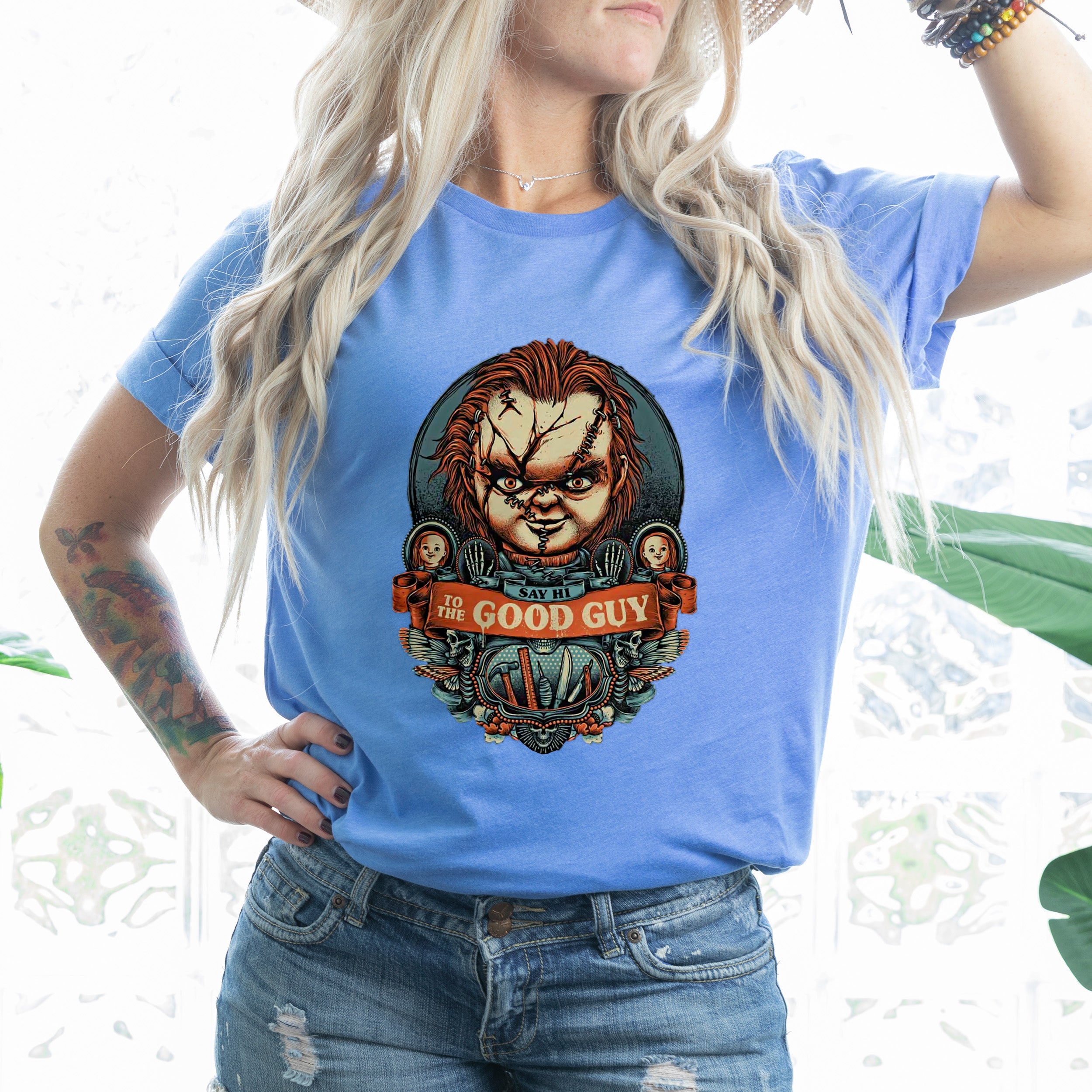 Chucky The Good Guy Unisex T-shirt featuring a vibrant graphic of the iconic horror doll, perfect for fans.