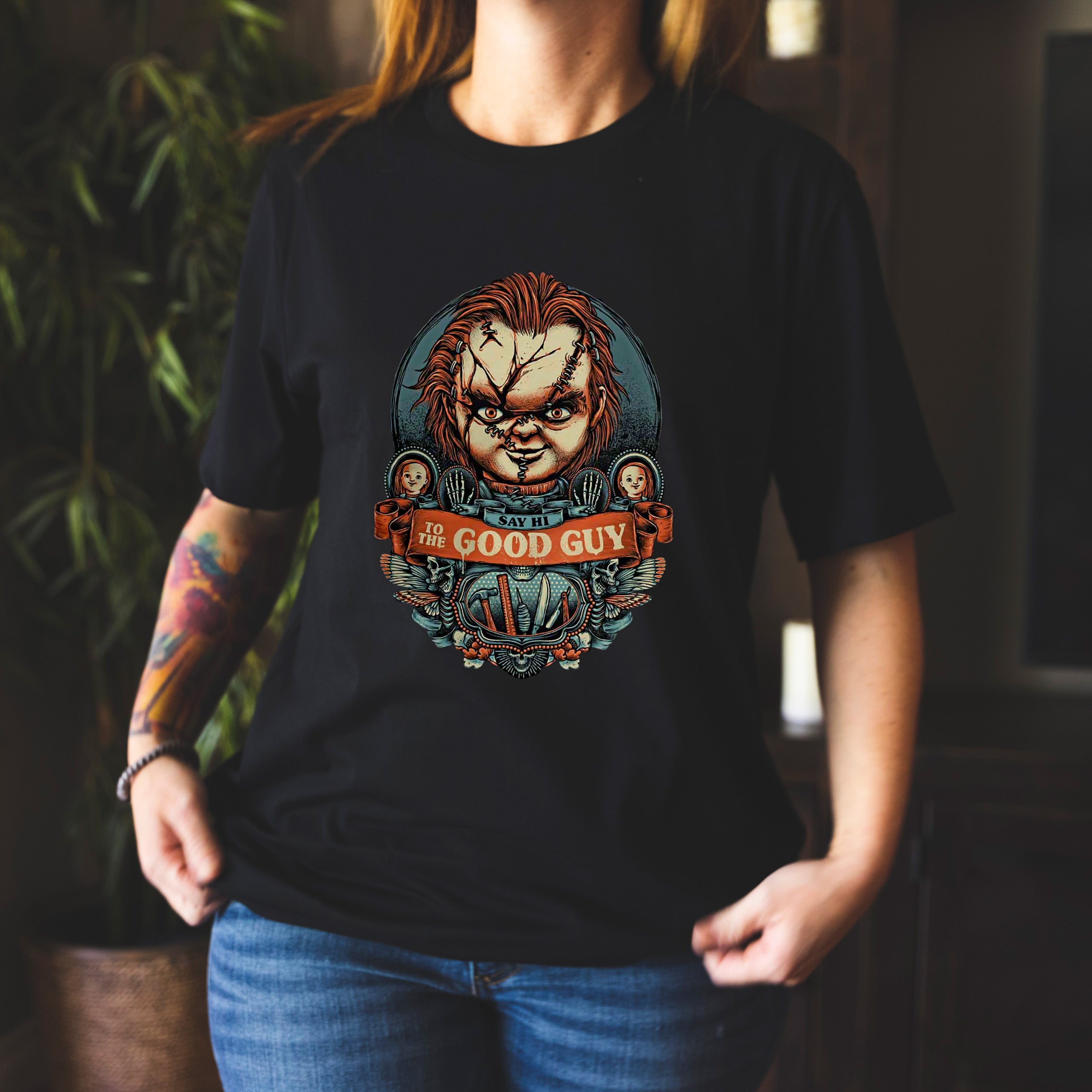 Chucky The Good Guy Unisex T-shirt featuring a vibrant graphic of the iconic horror doll, perfect for fans.