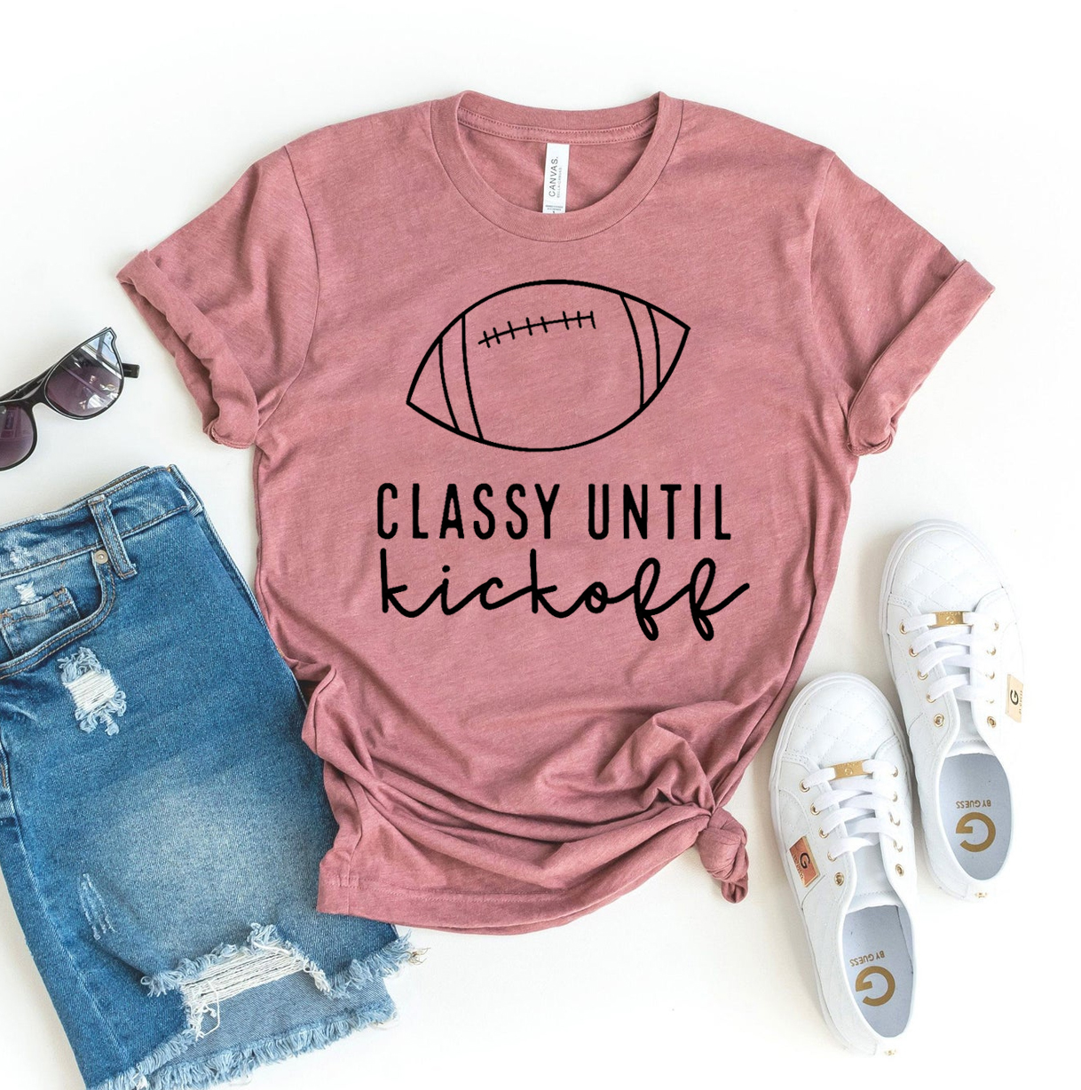 Classy Until Kickoff T-shirt made of premium ring spun cotton, featuring a soft textile flex print design in various sizes.