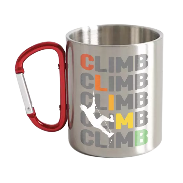 Climbbbbb Carabiner Mug 12oz featuring UV printed design, durable stainless steel and ceramic construction, perfect for outdoor use.