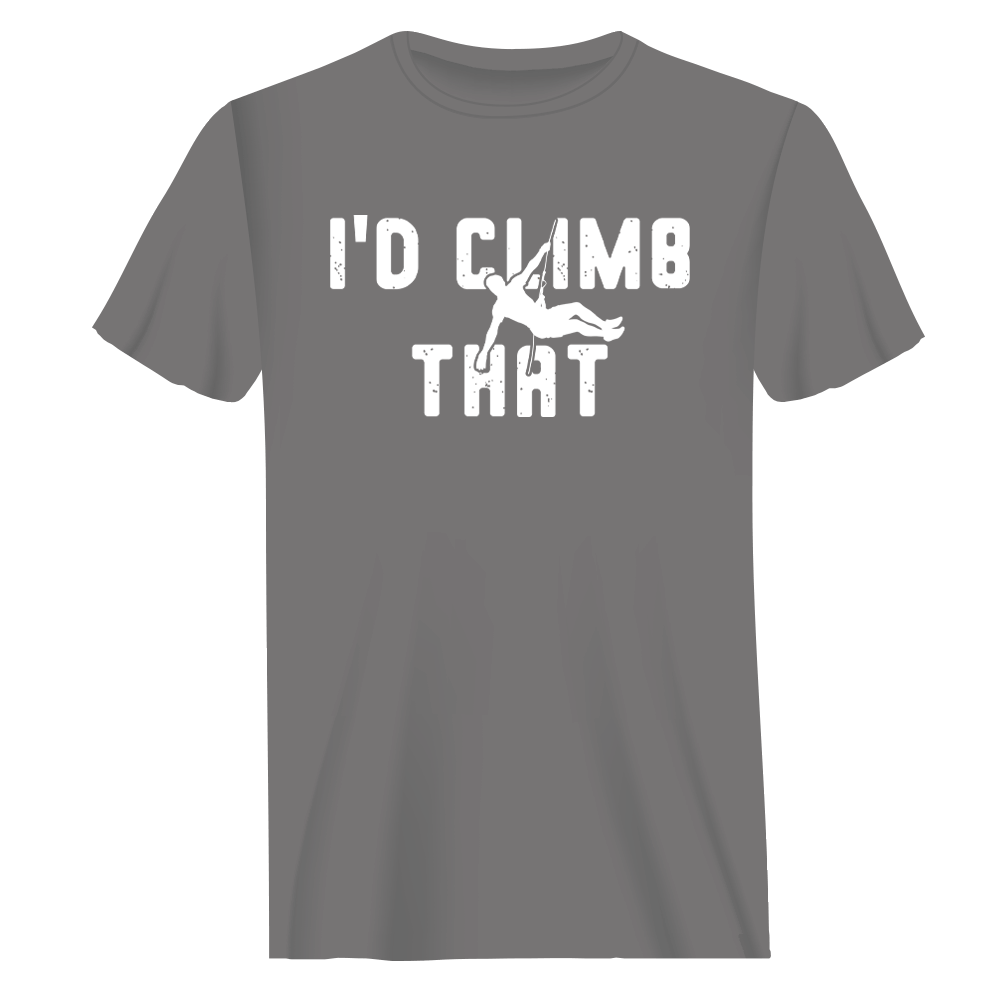 Climbing I'd Climb That Man T-Shirt in solid color, showcasing its modern classic fit and soft fabric, perfect for climbing enthusiasts.