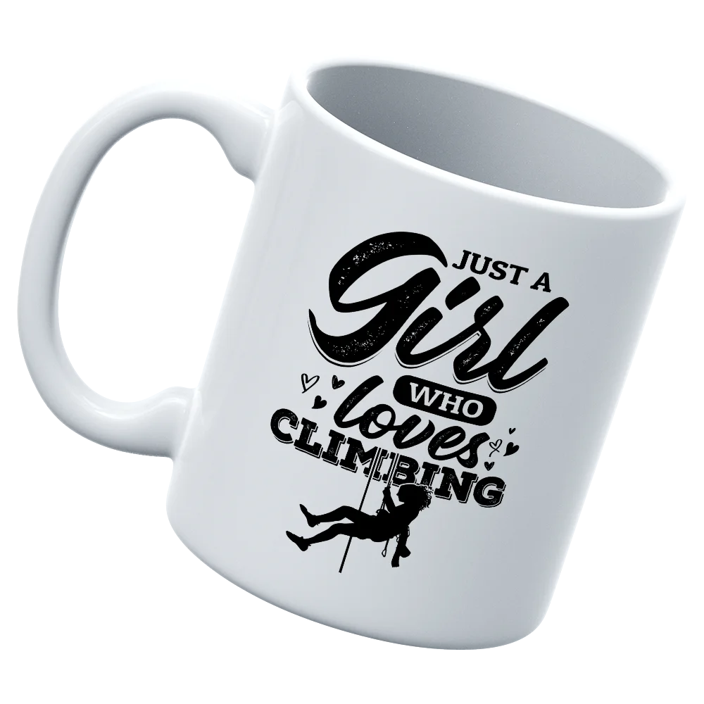 Climbing Just A Girl Who Loves Climbing 11oz Mug with a vibrant design, showcasing a love for climbing, perfect for outdoor enthusiasts.