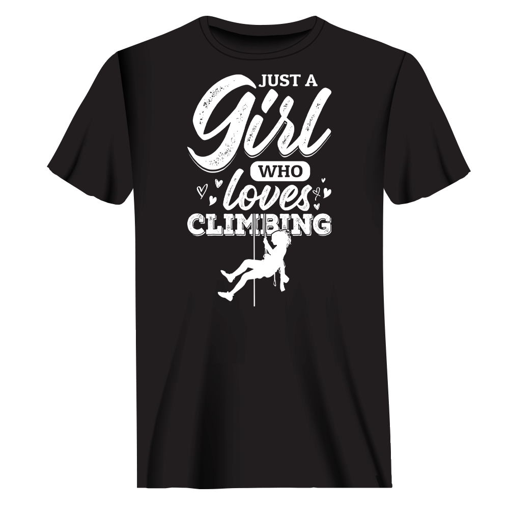 A stylish T-shirt featuring the phrase 'Just A Girl Who Loves Climbing', made from soft ringspun cotton, perfect for climbing enthusiasts.