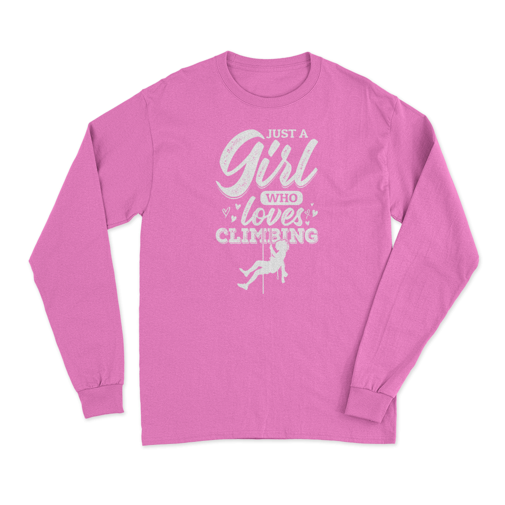 A stylish long sleeve shirt for women featuring the phrase 'Just A Girl Who Loves Climbing Men', perfect for climbing enthusiasts.