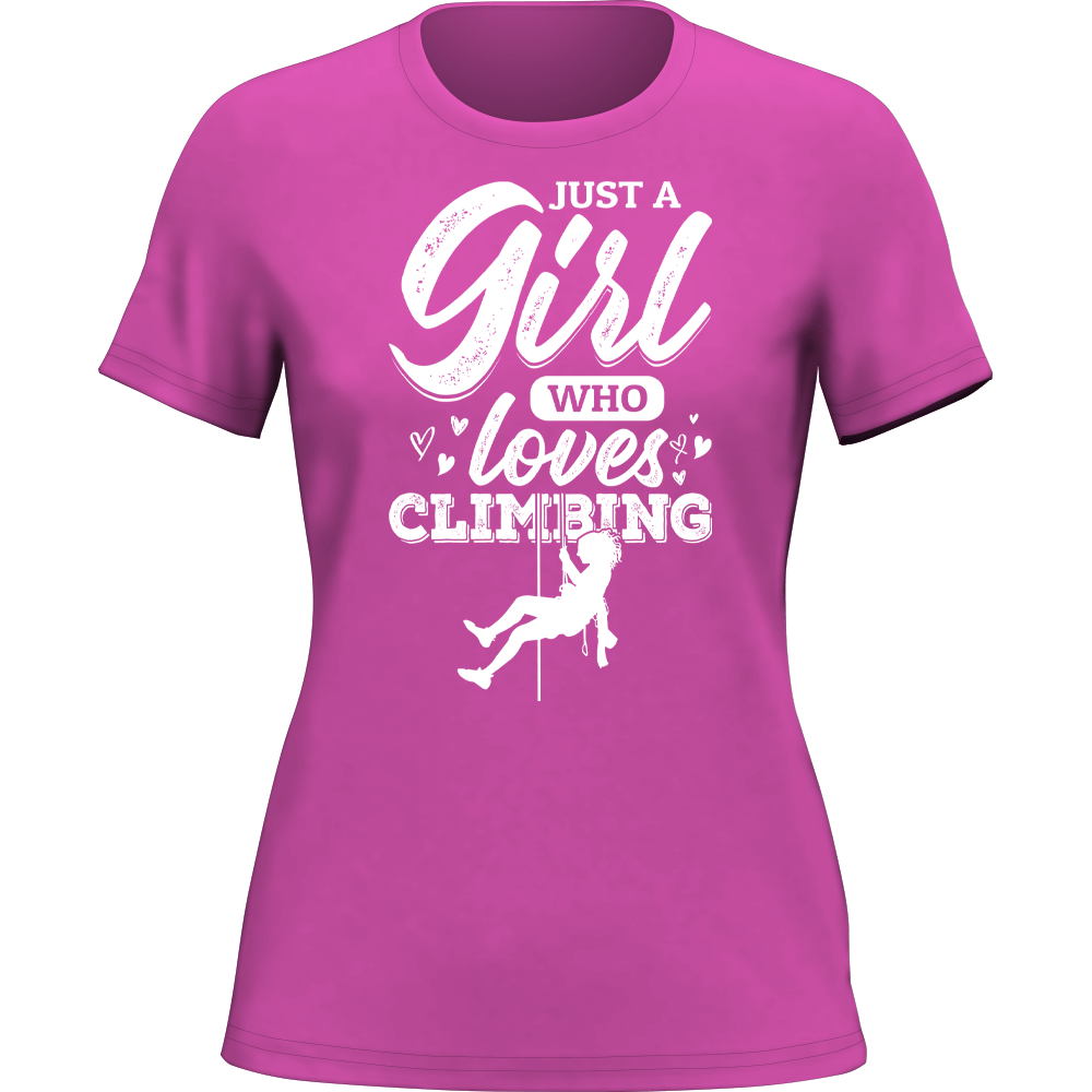 A stylish women's T-shirt featuring the phrase 'Just A Girl Who Loves Climbing', made from soft ringspun cotton.