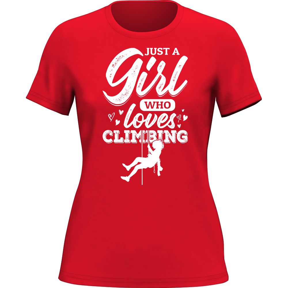 A stylish women's T-shirt featuring the phrase 'Just A Girl Who Loves Climbing', made from soft ringspun cotton.