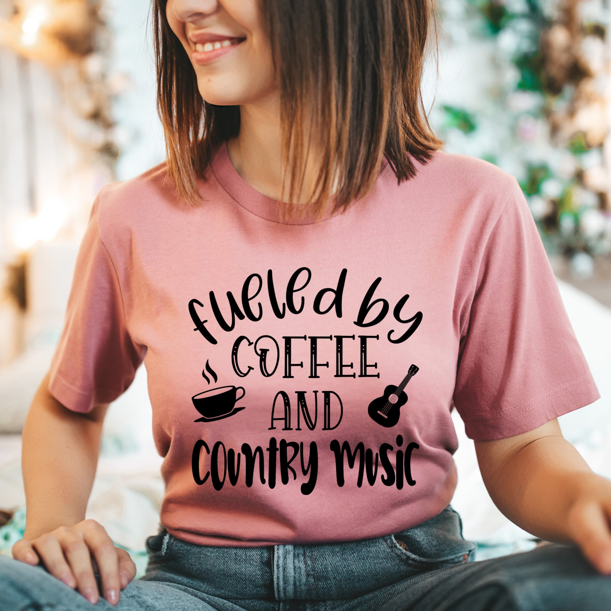 A stylish unisex t-shirt featuring a design that combines coffee and country music themes, perfect for casual wear.