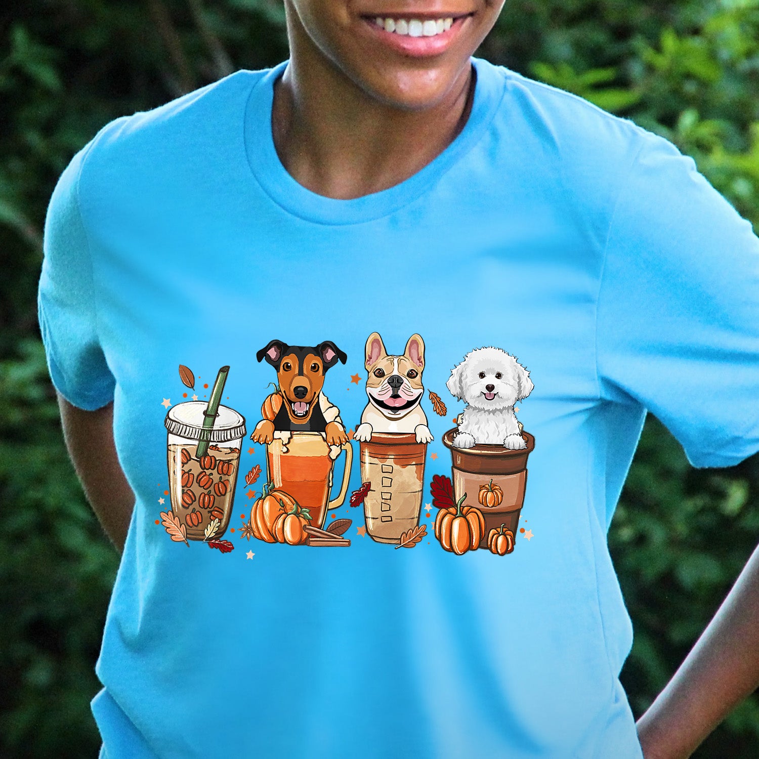 A stylish unisex t-shirt featuring a fun design of coffee and puppies, perfect for casual wear.