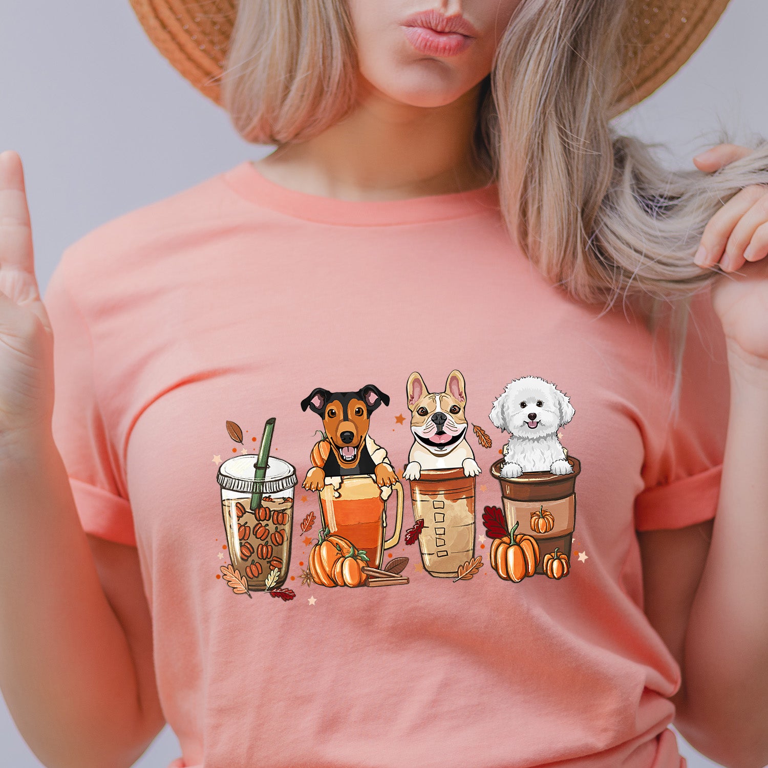 A stylish unisex t-shirt featuring a fun design of coffee and puppies, perfect for casual wear.