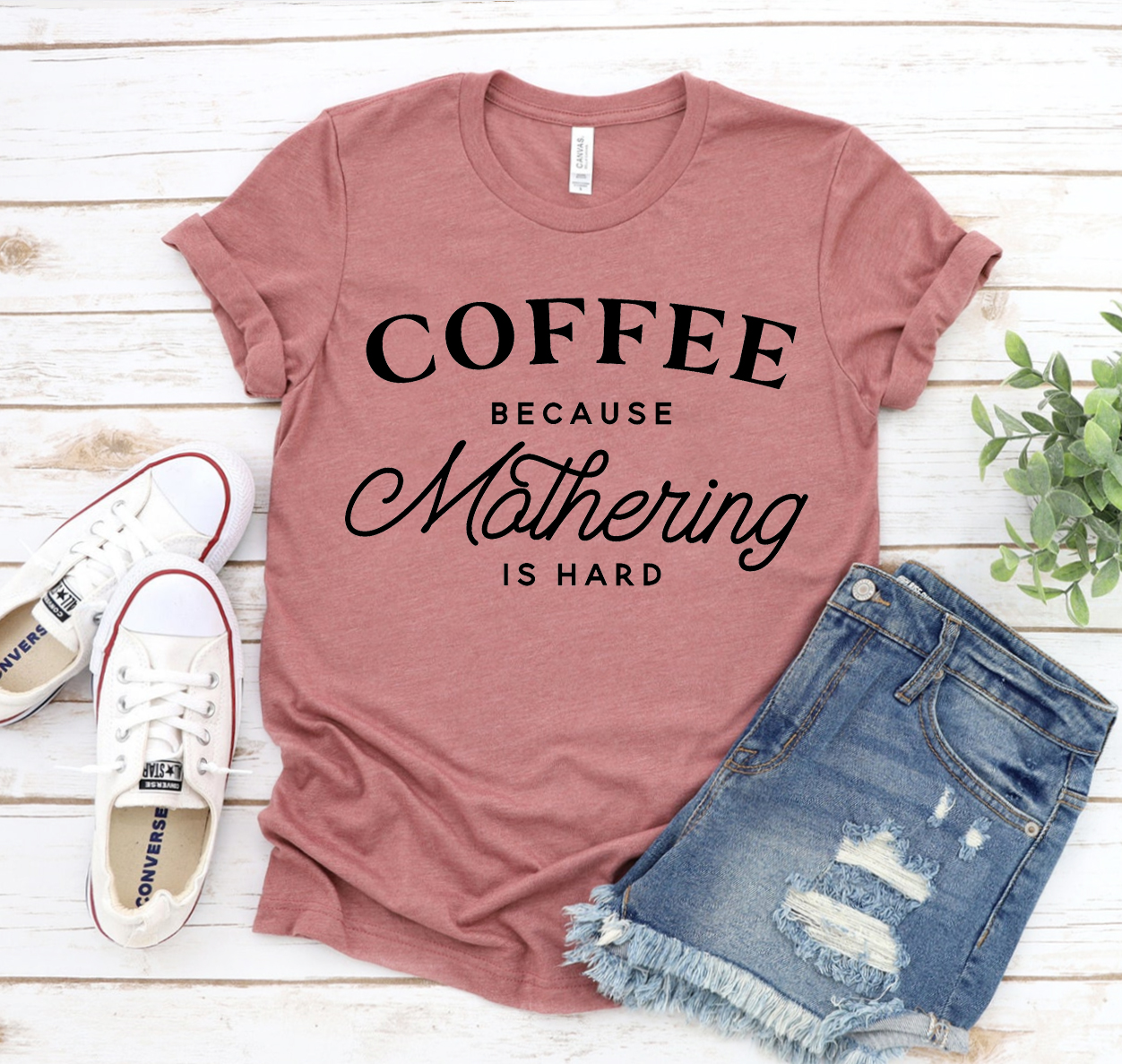 Coffee Because Mothering Is Hard T-shirt in a stylish unisex design, made from soft airlume combed cotton, featuring a humorous print.