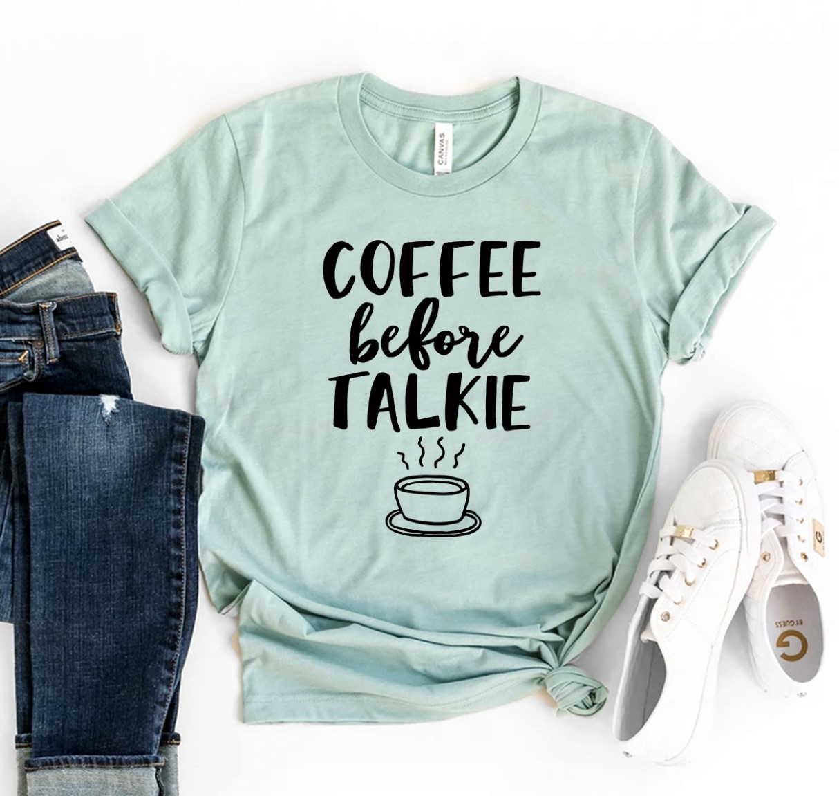 Coffee Before Talkie T-shirt made of premium ring spun cotton with a humorous design, available in various sizes.