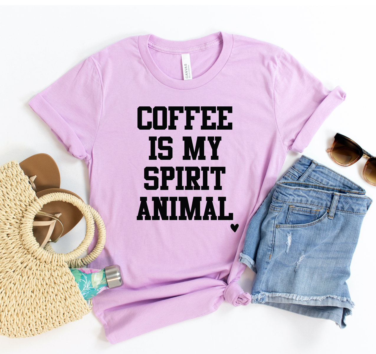 A stylish unisex Coffee Is My Spirit Animal T-shirt made from soft cotton, featuring a fun coffee-themed graphic.