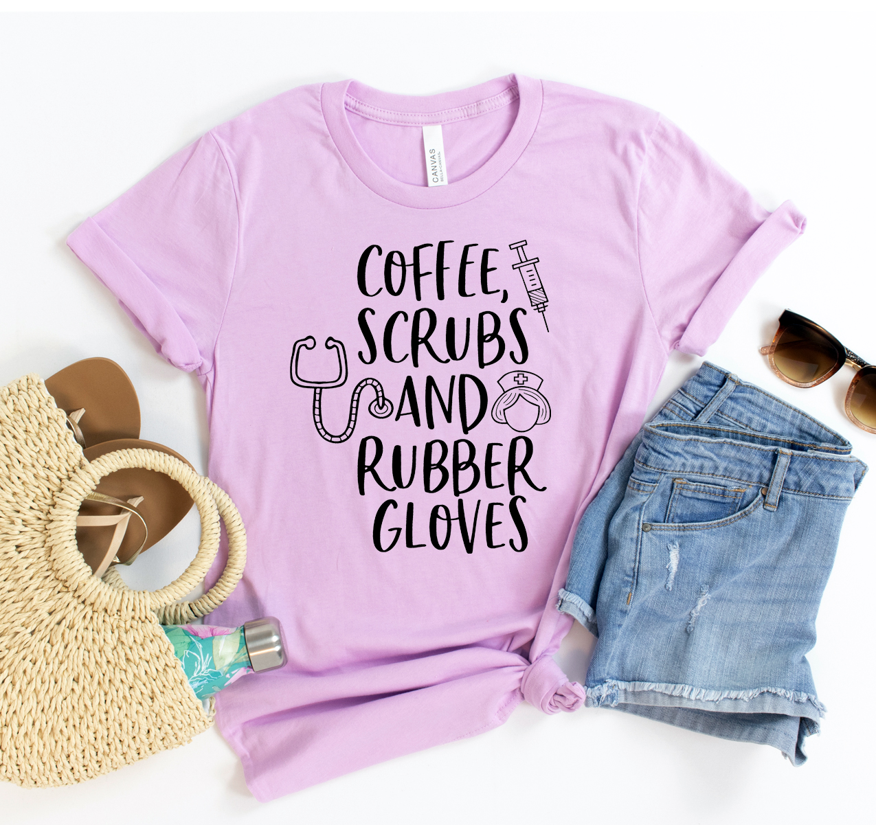 A unisex Bella Canvas t-shirt featuring the phrase 'Coffee Scrubs And Rubber Gloves', made from soft airlume cotton.