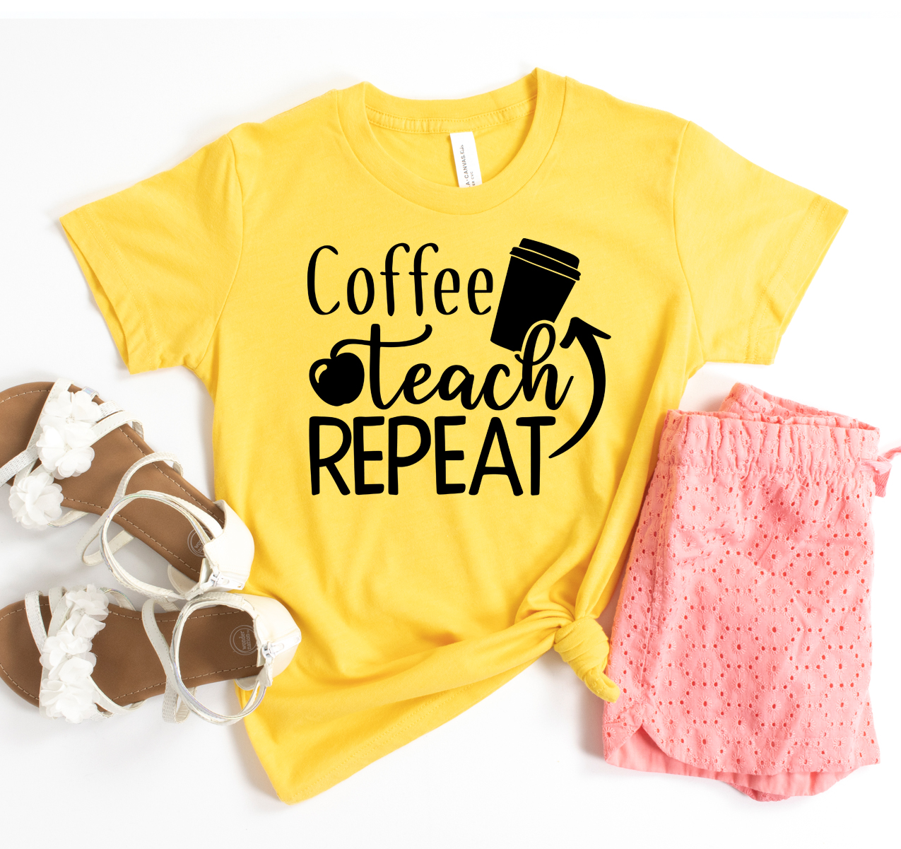 Coffee Teach Repeat T-shirt in unisex style, made from soft airlume cotton, featuring a fun coffee-themed design.