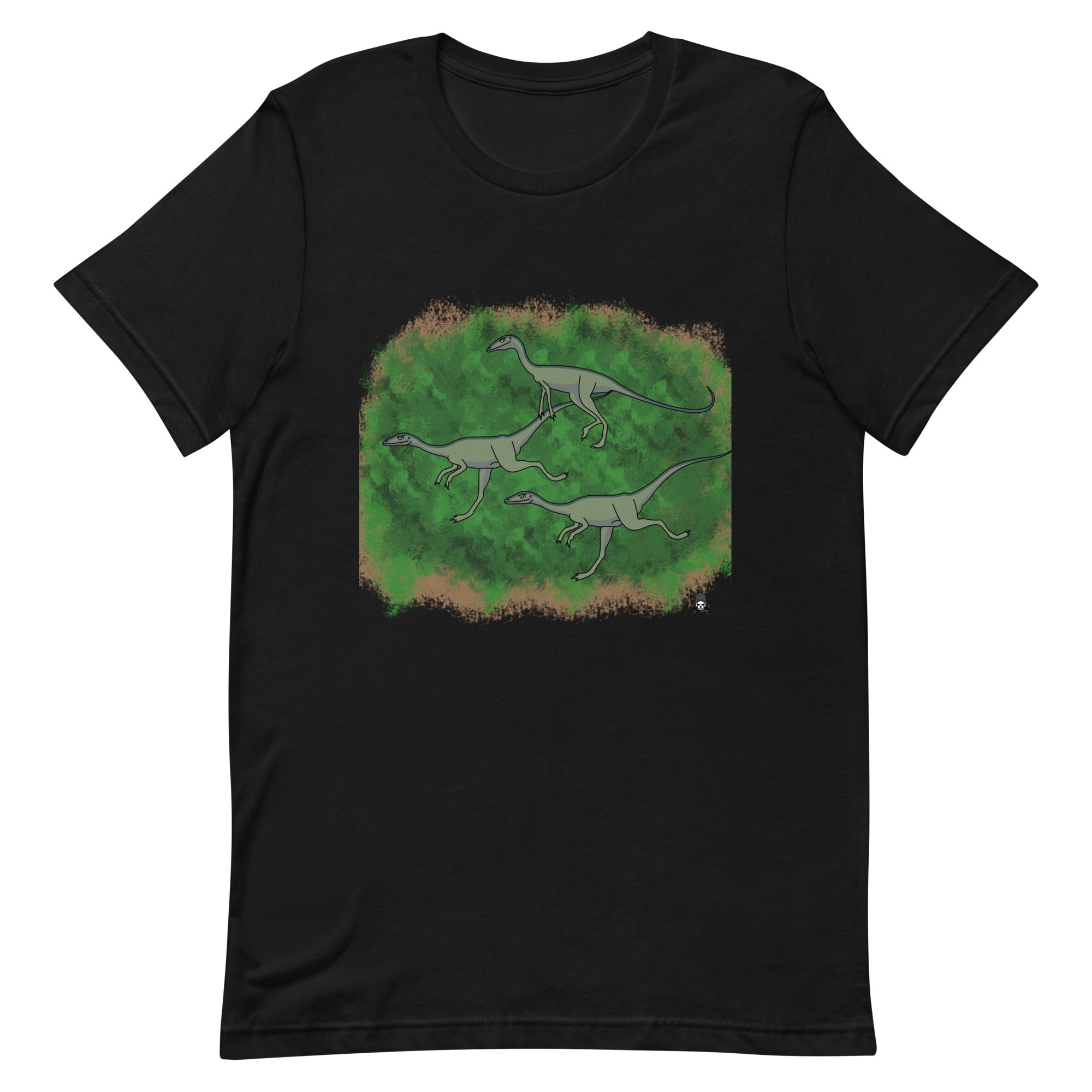 Compsognathus T-Shirt featuring a vibrant dinosaur print on soft cotton fabric, perfect for casual wear.