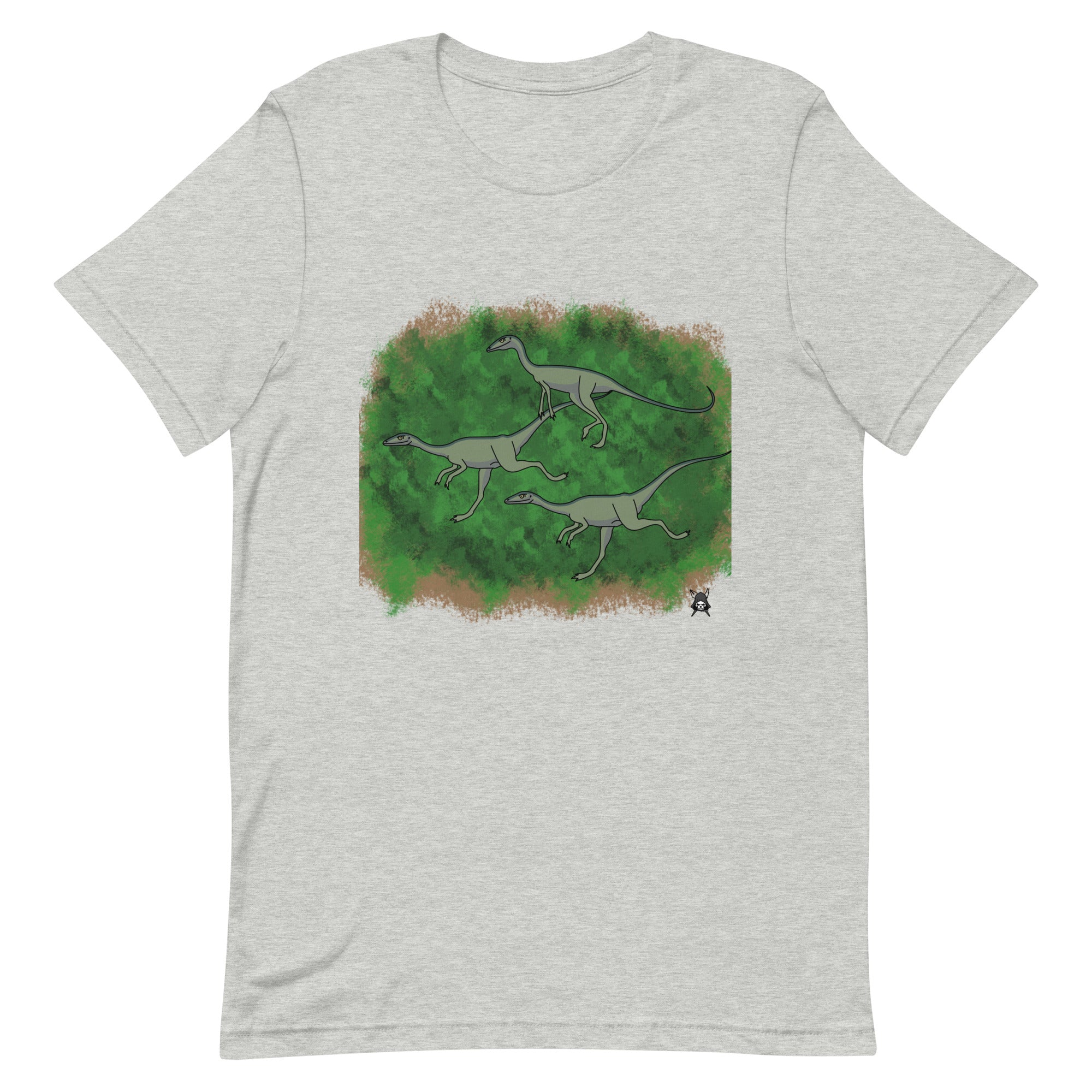 Compsognathus T-Shirt featuring a vibrant dinosaur print on soft cotton fabric, perfect for casual wear.