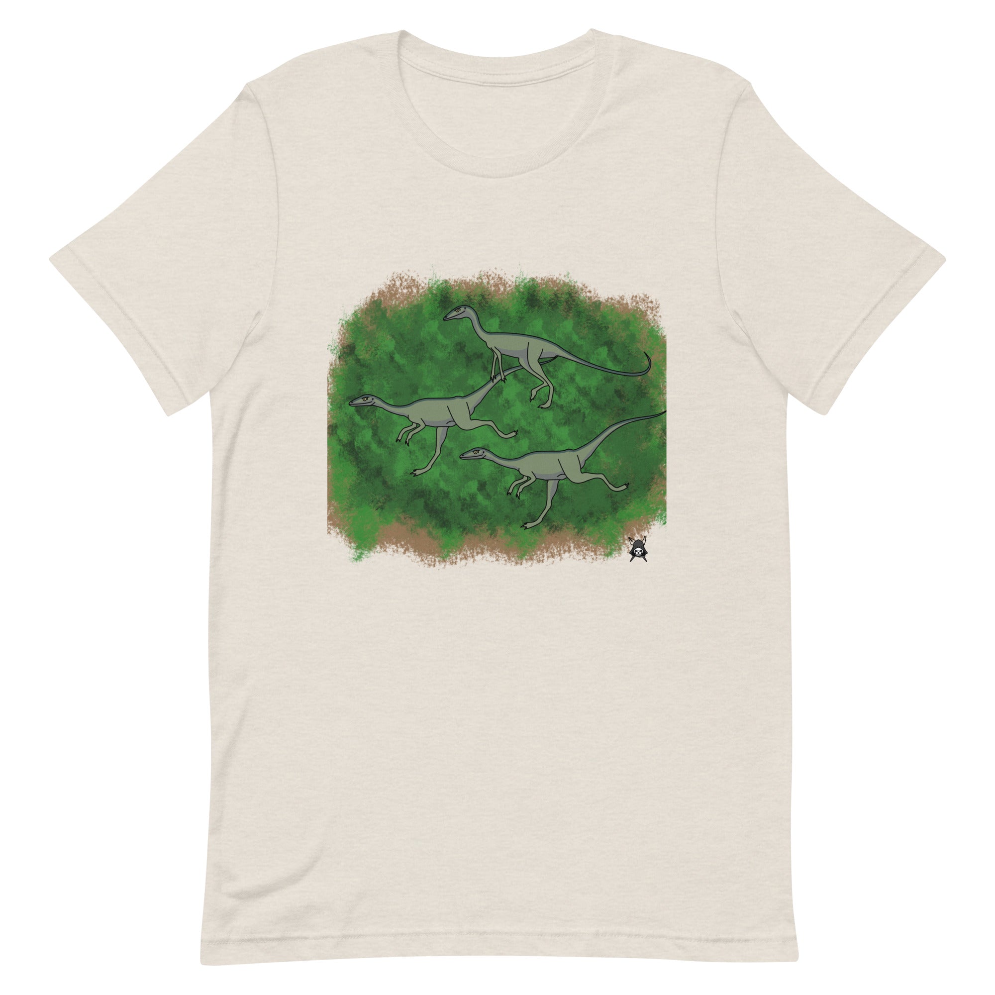 Compsognathus T-Shirt featuring a vibrant dinosaur print on soft cotton fabric, perfect for casual wear.