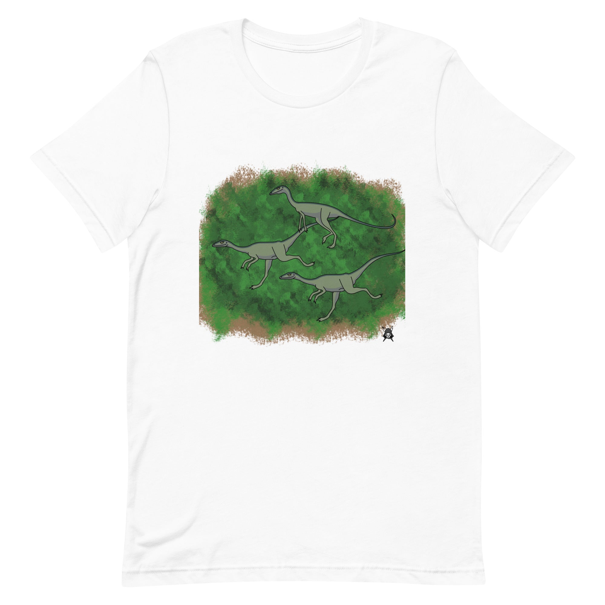 Compsognathus T-Shirt featuring a vibrant dinosaur print on soft cotton fabric, perfect for casual wear.